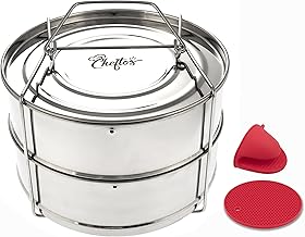 CHEFTOS Stackable Stainless Steel Pressure Cooker Insert Pans compatible with Instant Pot or Ninja Foodi Pressure Cooker Accessories - Cook Tasty Pasta, Vegetables, Meat, Fish, Rice and More - Fits 6 & 8 QT IP Pressure Cooker - 2 Tier Steaming Basket - Vent Holes to Equalize Steam