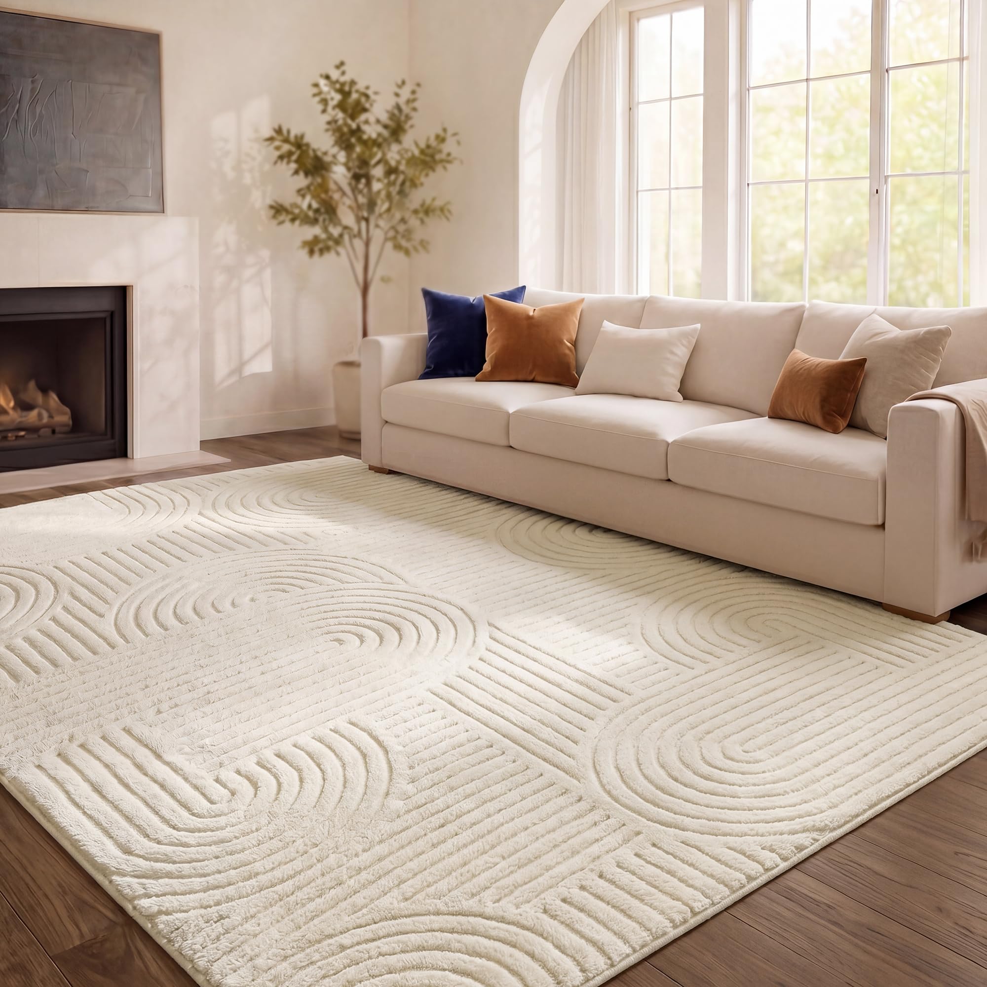 SONGMICS Tapis de Salon Géométrique à Relief 3D, Polyester et Caoutchouc TPR, Lavable en Machine, Dos Antidérapant, 290 x 200 x 1 cm, Blanc Crème, pour Chambre, Entrée, Collection Hila TAR135WZ02