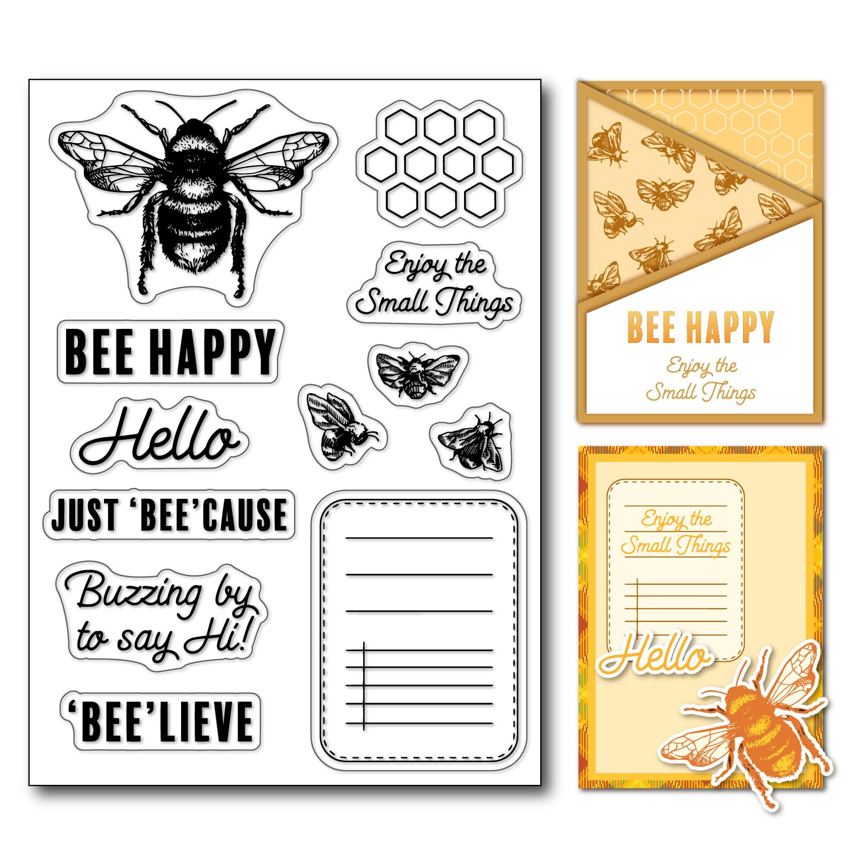 Arbuya Honey Bee Clear Stamps for Card Making and Journaling, Greeting Phrase Silicone Stamps Honeycomb Rubber Stamps for Gift Tags Paper Crafting