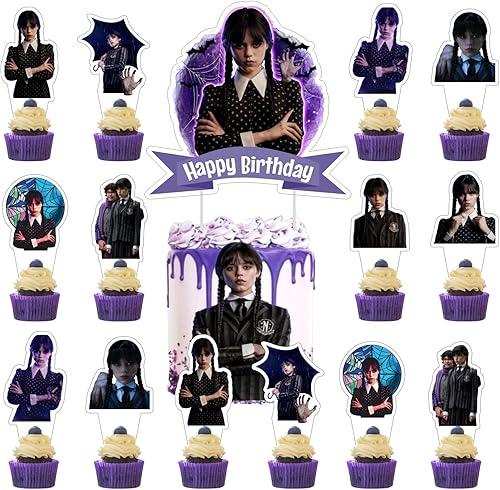25 decoraciones de pastel Wednesday Addams con 24 adornos para magdalenas Wednesday Addams, 1 decoración para pastel para miércoles Addams, disponible en Yaxa Colombia