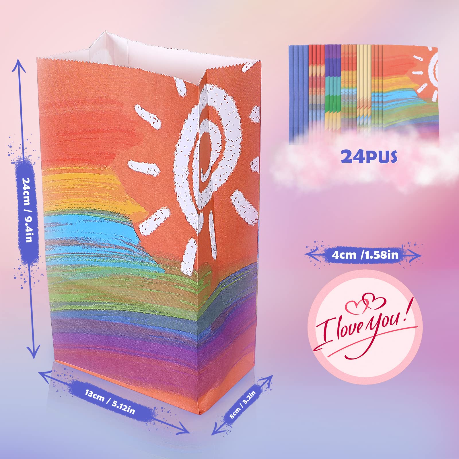 Romon Torebki papierowe na urodziny dziecka, 24 sztuki, małe, kolorowe, z 24 naklejkami, tęczowe torebki z papieru typu kraft, do pakowania prezentów, na imprezę, uroczystości, wesele