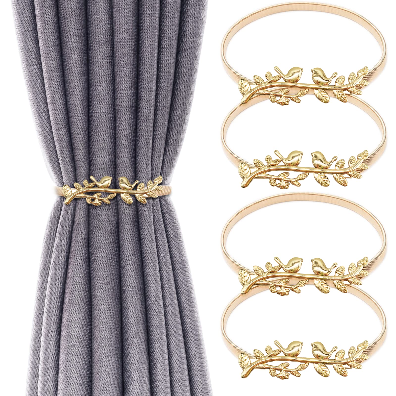 4Pack Aluminum Alloy Spring Design Curtain Tiebacks - Leaf Carving Design Curtain Ties for Drapes - Modern Style Gold Bird Holdbacks