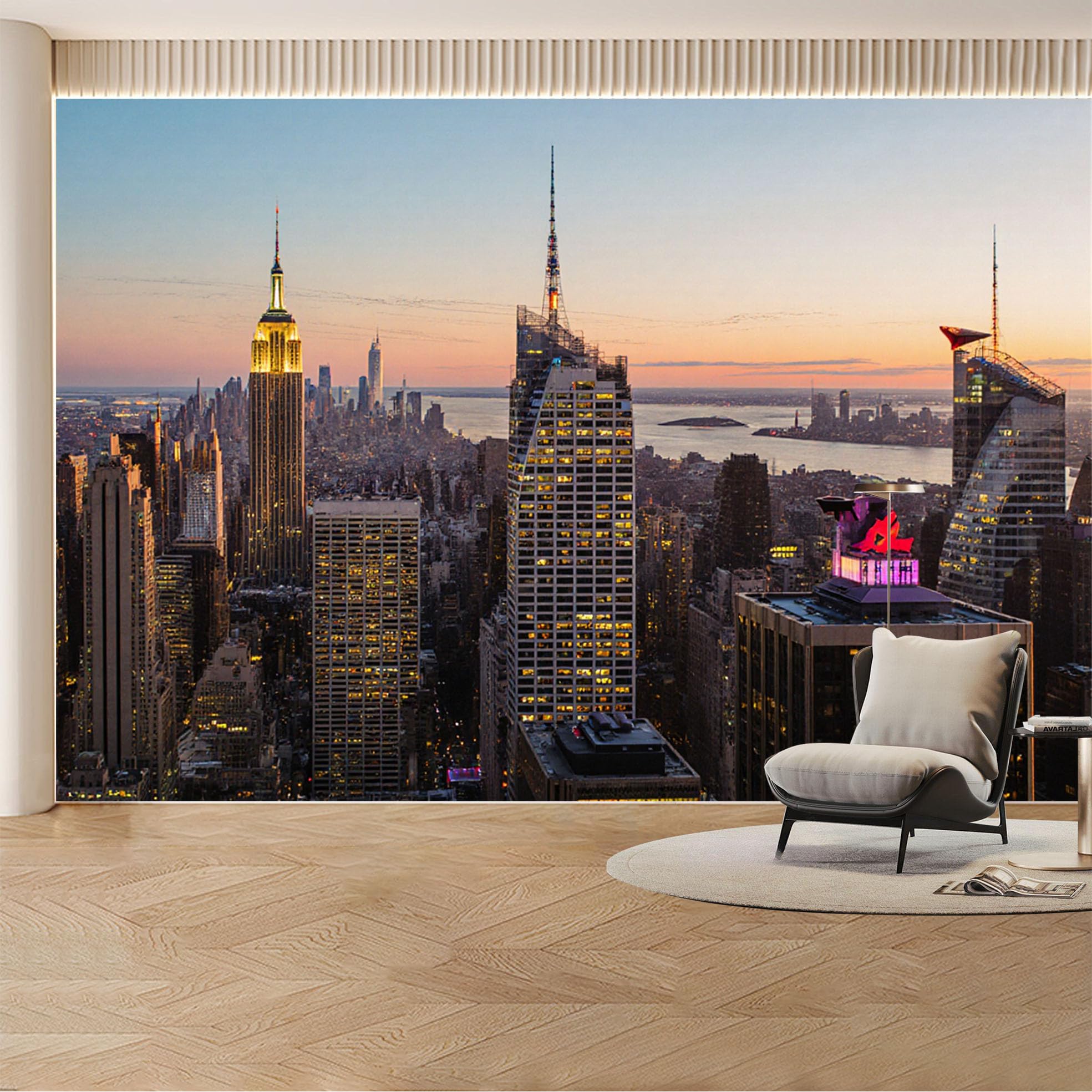 Custom Wall Mural Wallpaper New York City Skyline， 3D Effect Large Wall Art， Modern Sunset for Living Room， Bedroom， Office