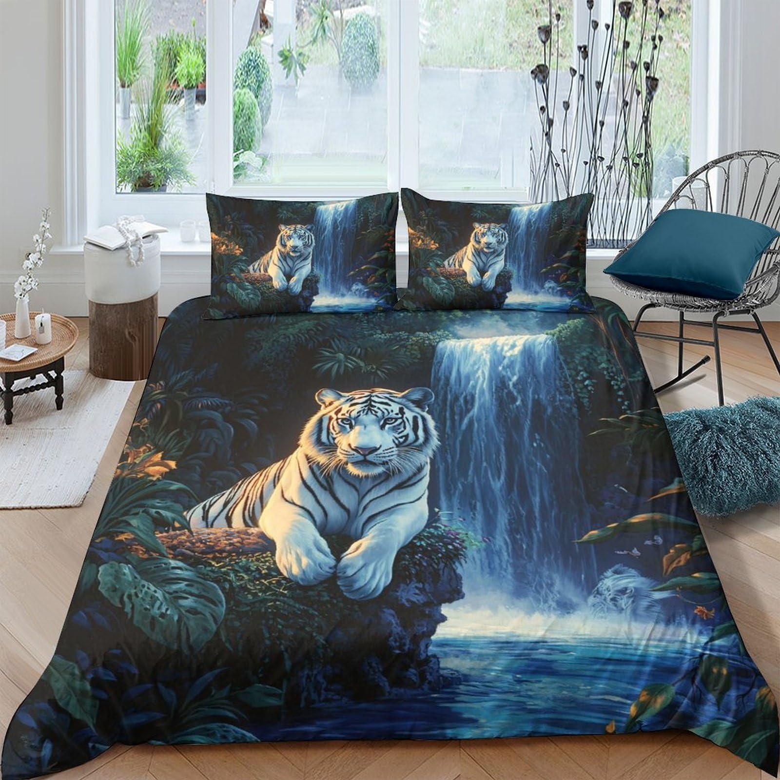 GPLZQXKJNH 3D Printed White Tiger Waterfall Duvet Cover Microfiber Soft Breathable Forest Bedding Set with 2 Pillowcases for Bedroom Decor Single（135x200cm）