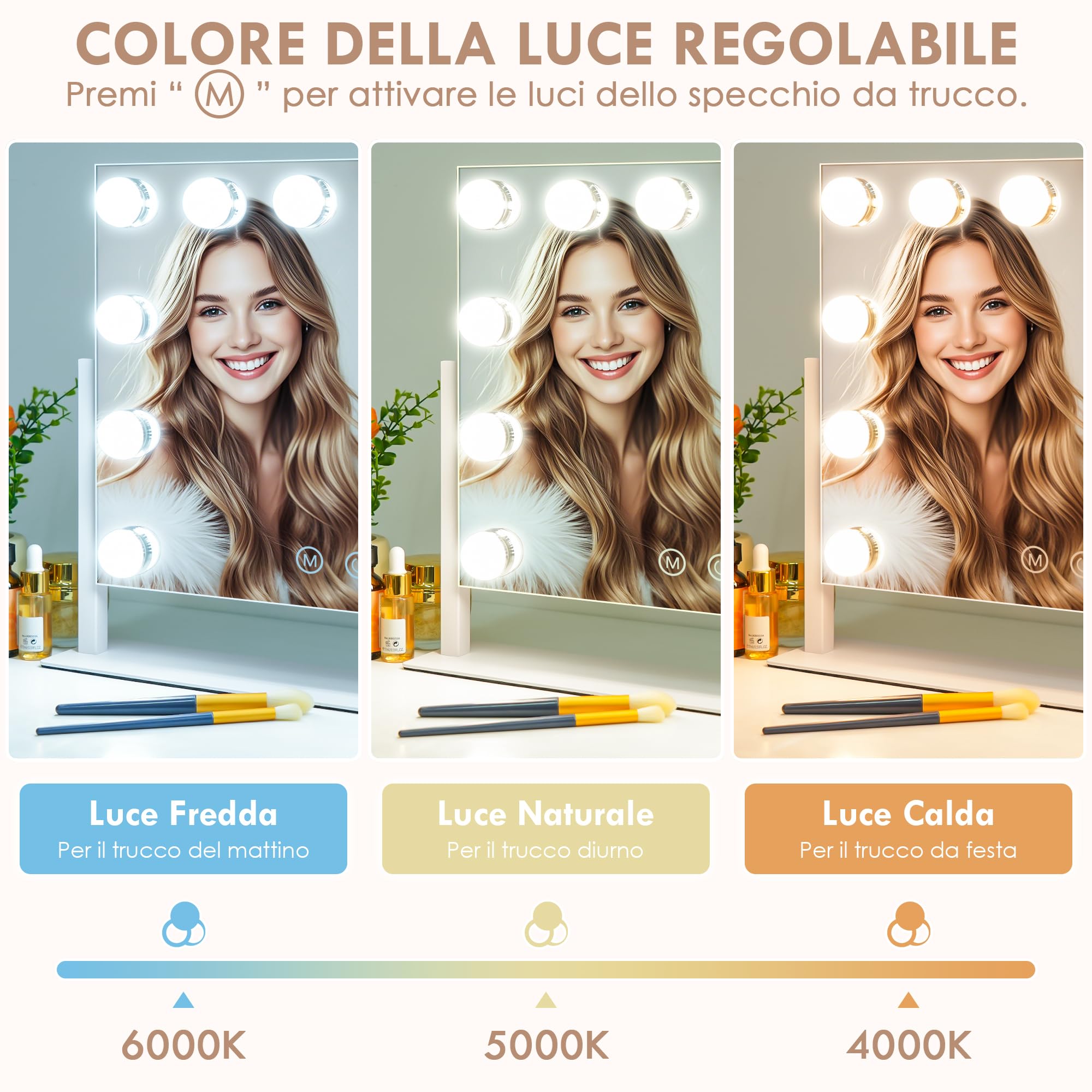 Sucedey Specchio da Trucco, Hollywood con 12 Lampadine, 3 Modalità Colore, Luminosità Regolabile, Controllo Touch, Specchio Zoom 10X Staccabile, Rotazione 360° (Bianco)