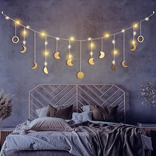 Brmeday Moon Phase Boho Wall Hanging Decor with LED Lights - 13 Gold Wood Celestial Moons, 56'' Garland for Bedroom Living Room