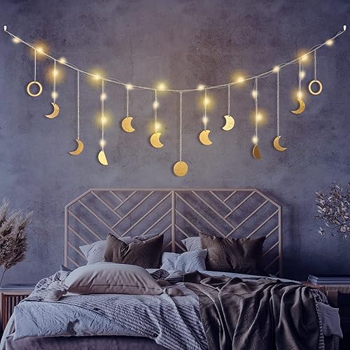 Moon Phase Wall Decor with LED String Light, 13 Gold Wood Boho Wall Hanging Decor Mood Garland 56'' - Celestial Phases Moon Decor in Bohemian Style for Bedroom Home Living Room Birthday - 56 Inch