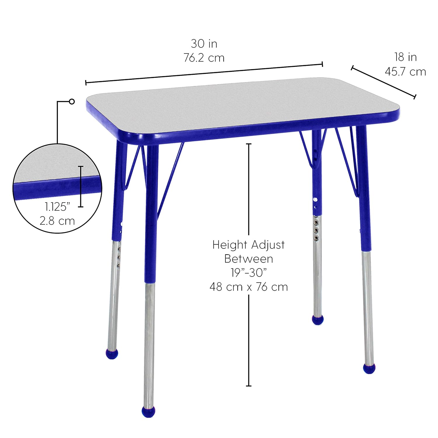 FDP Rectangle Student Activity Table (30 x 18 inch), Adjustable Height 19-30 inches and 12 inch Blue Stack Chair; Ball Glide Legs, For In-Home or Classroom Learning (2-Piece) - Gray Top/Blue Edge