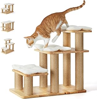 FUKUMARU Dog Stairs, Solid Wood Pet Stairs with Cat Scratching Post, Transformable Cat Ramp