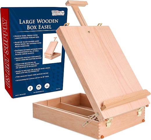 U.S. Art Supply Newport Large Adjustable Wood Table Sketchbox Easel, Paint Palette, Premium Beechwood - Portable Wooden Artist Desktop Case - Store Art Paint, Markers, Sketch Pad - Drawing Painting