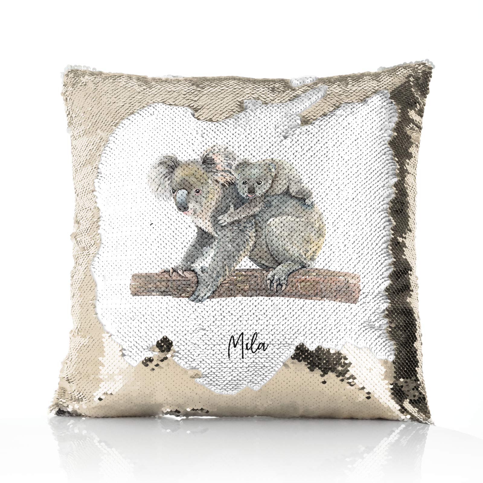 Hairyworm Personalised Cushion, Champagne, Silver, Blue, Red or Gold Squin Flip Square Cushion Customised with Initial/Name/Text, Mother and Baby Koala Perch Design Print, Square Pillow