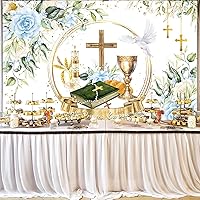 Vista 6 de Telón de fondo de comunión Mi Primera de 7 x 5 pies, decoraciones de primera comunión, decoraciones de primera comunión, decoraciones florales Azul