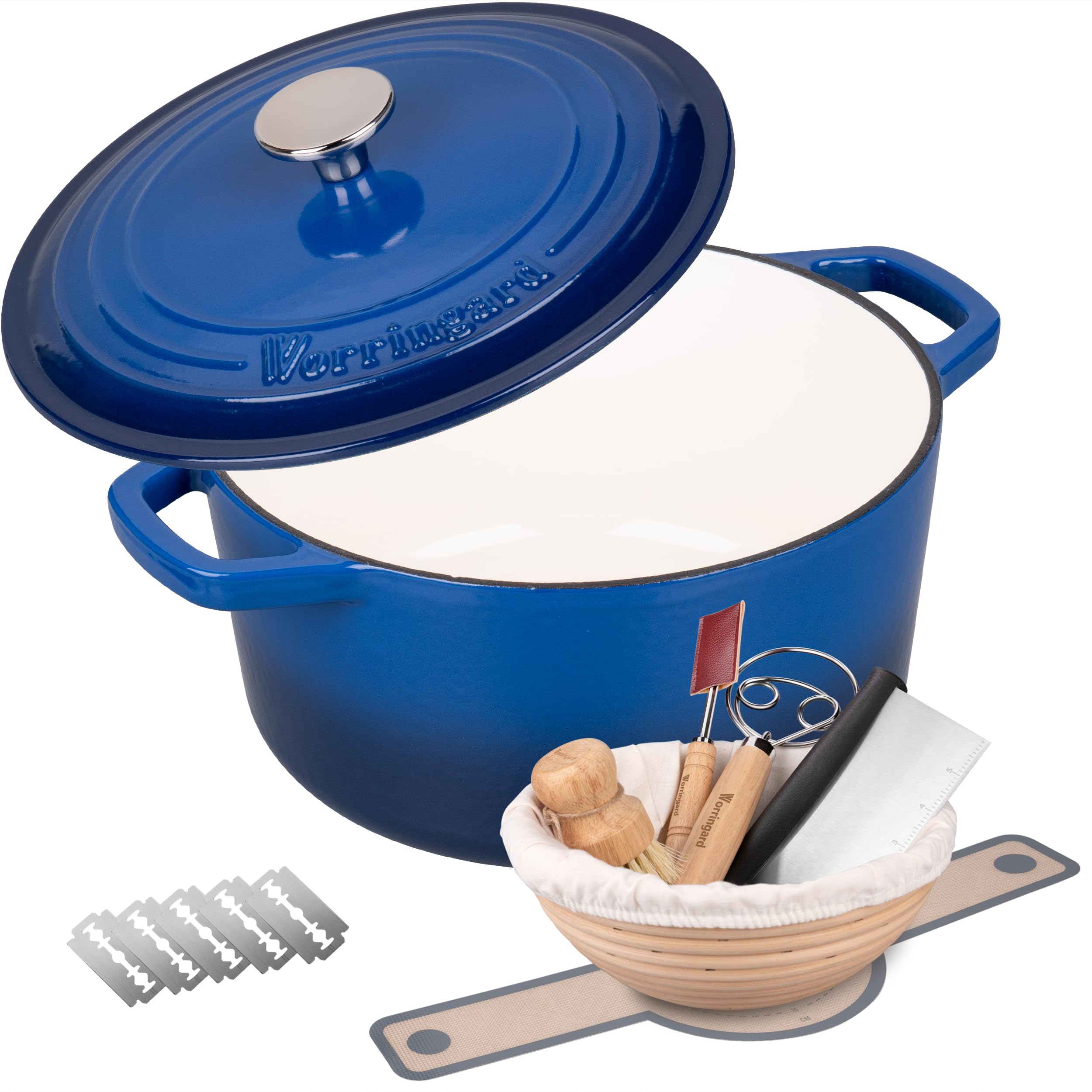 VORRINGARD Olla holandesa de hierro fundido con tapa para hornear pan, incluye suministros para hornear pan de masa madre como cesta de prueba de pan Banneton, 6 cuartos de galón, azul