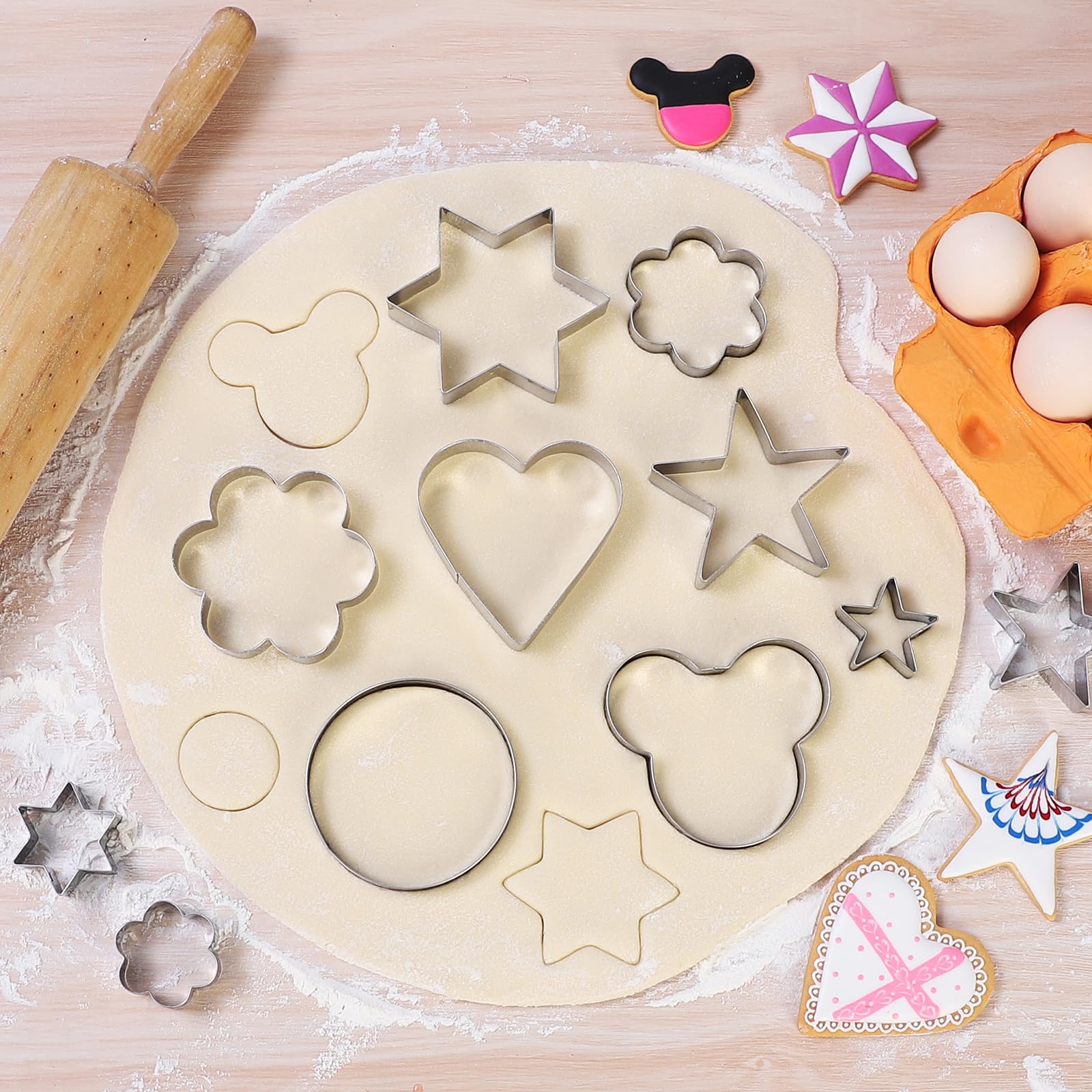 Juego de cortadores de galletas de metal, 18 piezas, 6 formas (redondo, corazón, estrella, ratón, hexagrama, flor), herramientas de acero inoxidable para hornear galletas, pasteles, manualidades