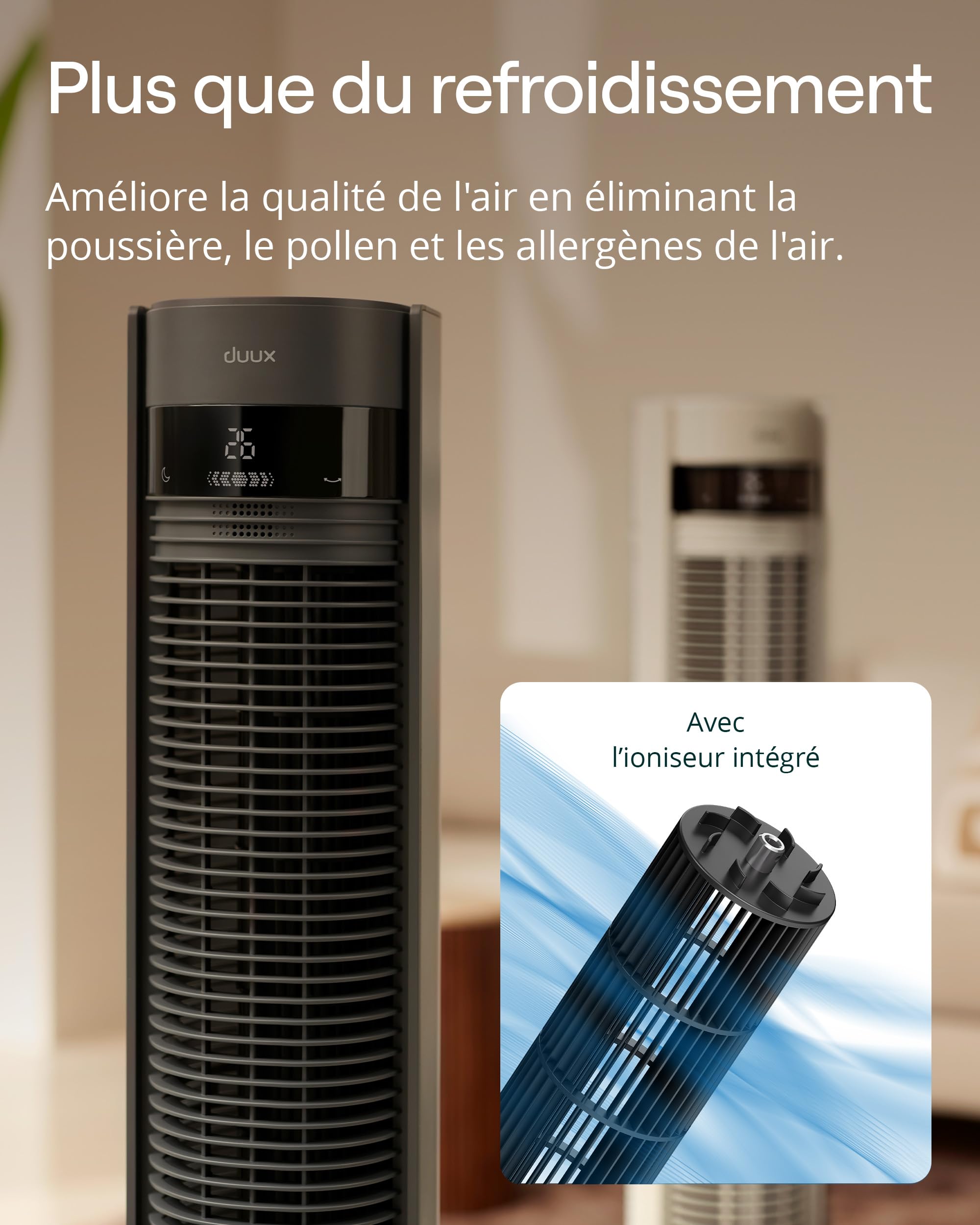 Duux Elevate Ventilateur Colonne – 26 Vitesses, Oscillation 80°, Seulement 25 dB, Ioniseur, Minuterie (1–12h), Mode Nuit, Écran Tactile & Télécommande – Silencieux & Intelligent – Gris