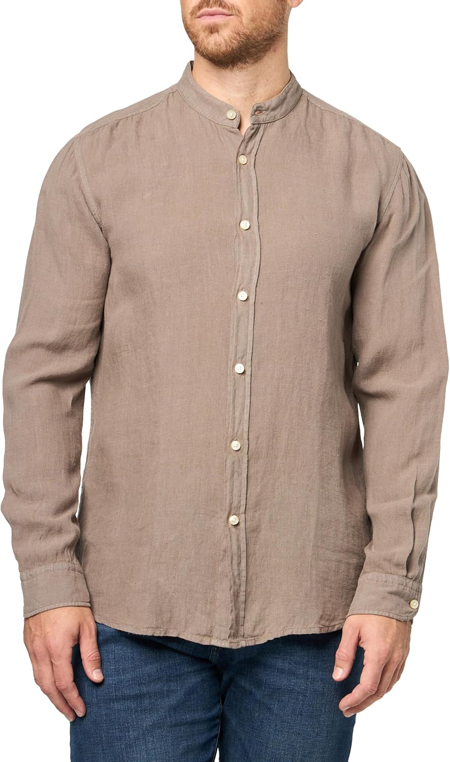 BOSS Men's Linen Mandarin Collar Button Down Shirt