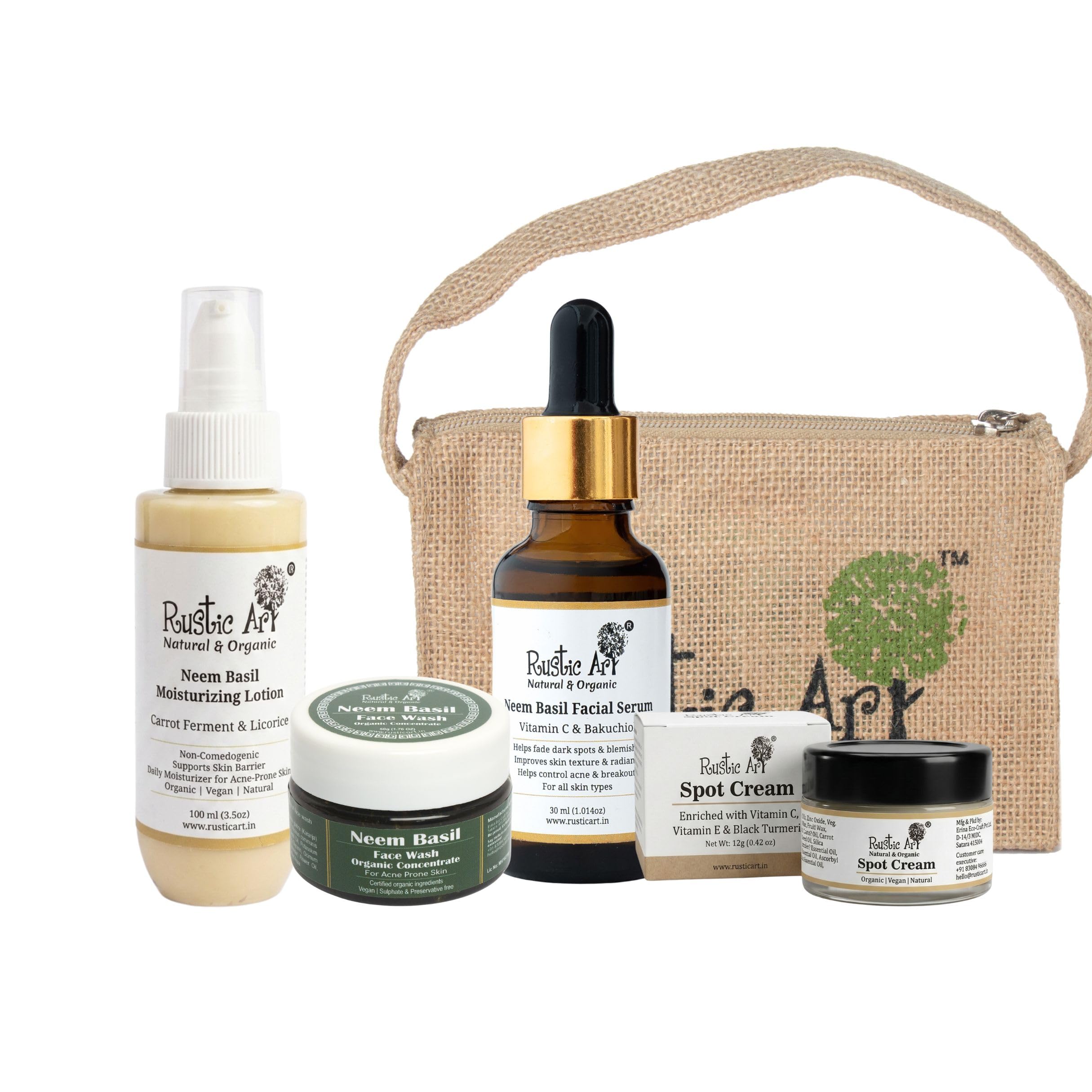 Rustic Art Anti Acne Kit (Small) | Jute Pouch | Neem Basil Face Wash | Neem Moisturizing Lotion | Neem Basil Serum | Spot cream-image-26