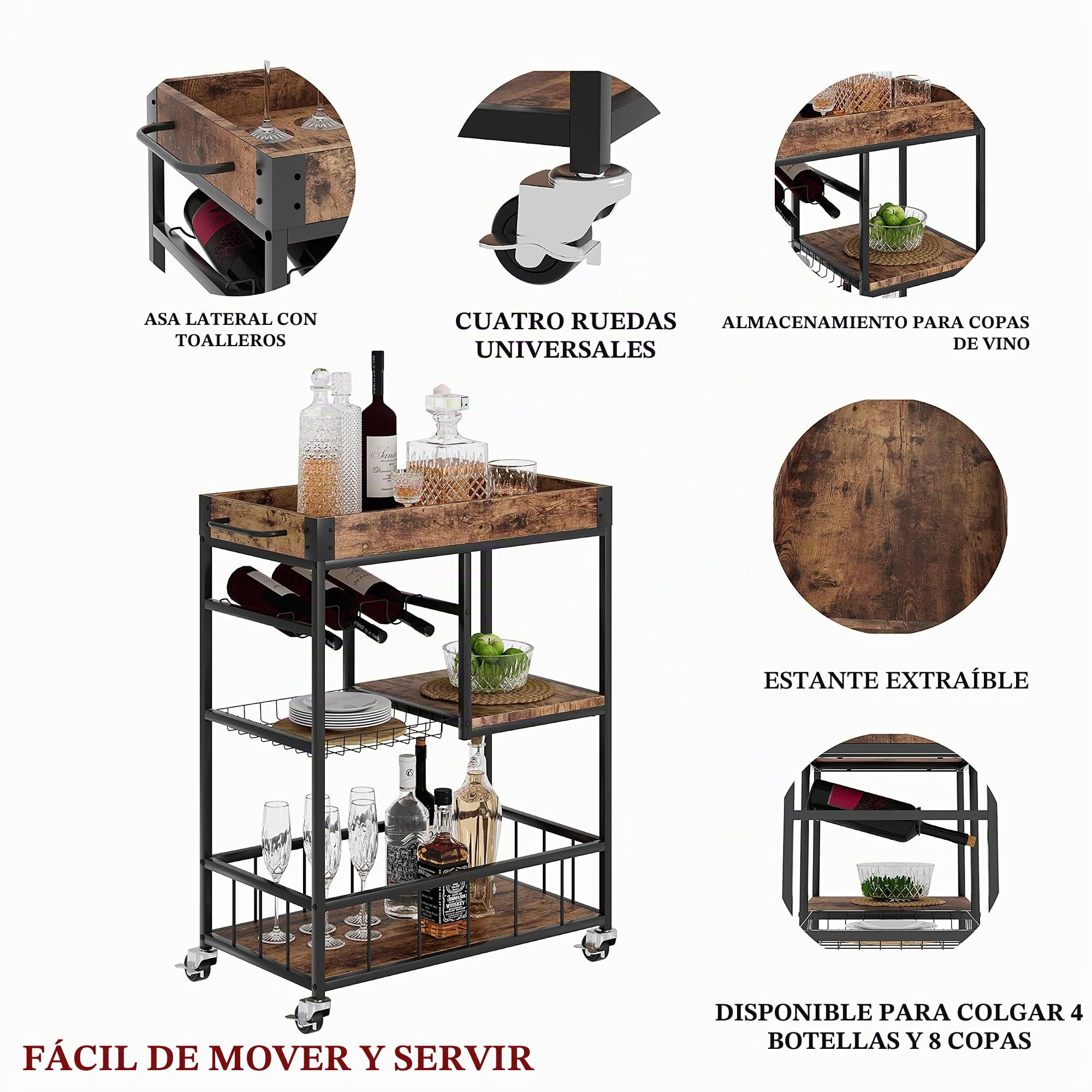 Huhote Carrito de servir, carrito de cocina con estante para vino, carrito de bar, carrito de bebidas, carrito con ruedas, carrito de vino para comedor, cocina, salón, bar, fiesta, marrón grano de
