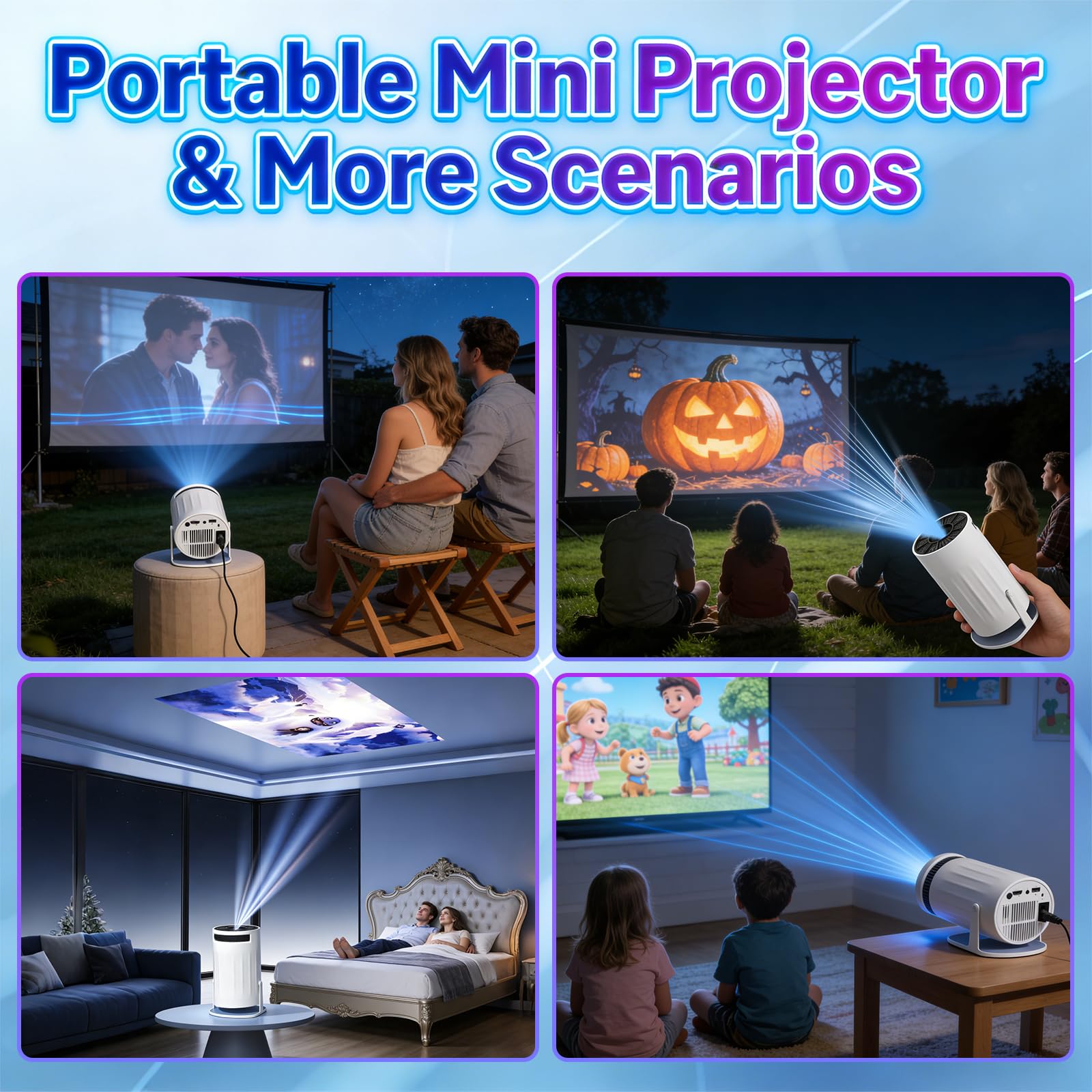 Mini rzutnik, przenośny projektor kina domowego 4K 1080p z WiFi 6, Bluetooth 5.2, automatyczna korekcja trapezu, obrót o 180°, kompatybilny z iOS/Android/PC/TV