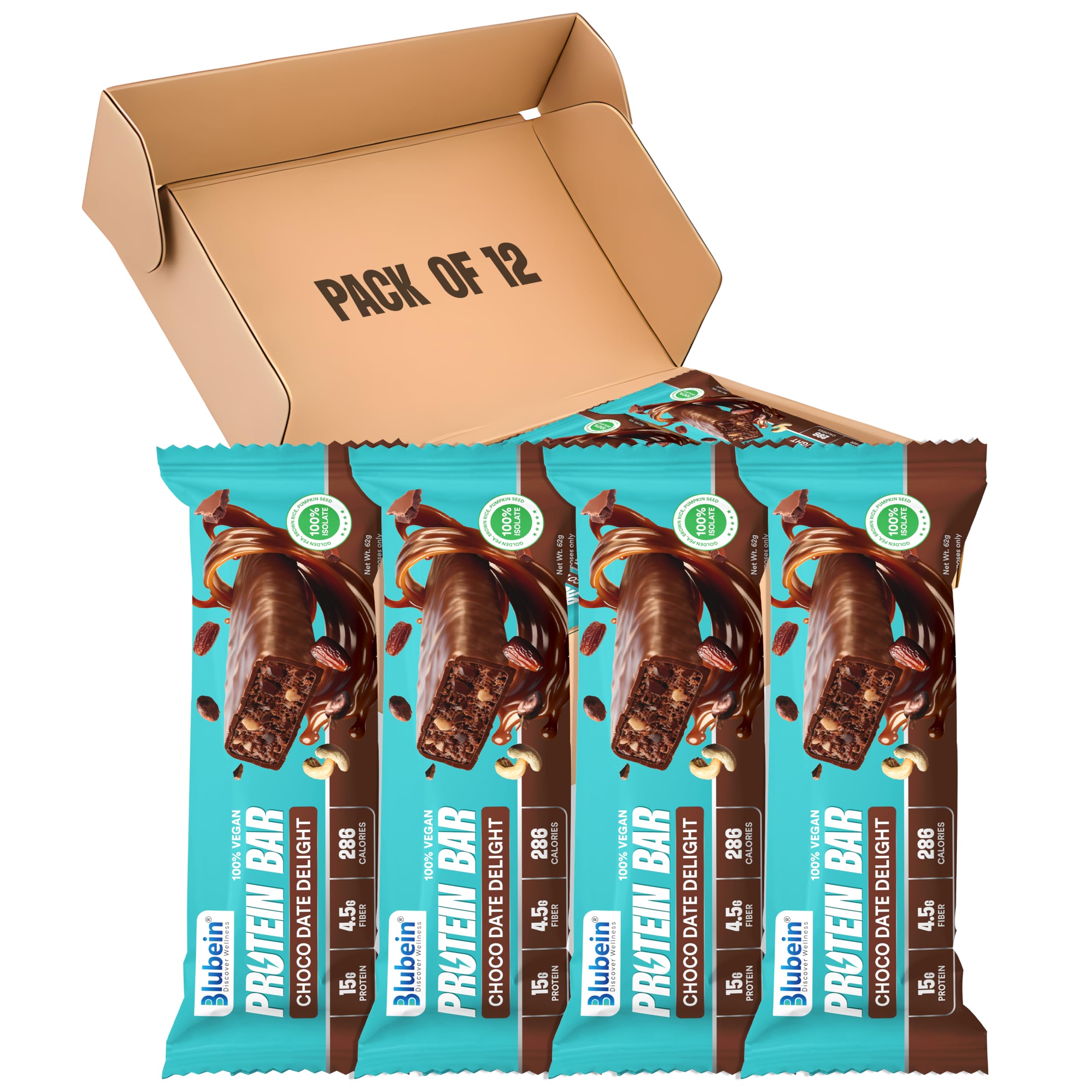 Blubein Protein Bar - Choco Date Delight, 15g Plant Protein, Protein bars without sugar, No Gluten or Soy, No Palm Oil, Made with 100% Natural Ingredients & No Preservatives, Non-GMO | 63g Bar — Amazon image 17