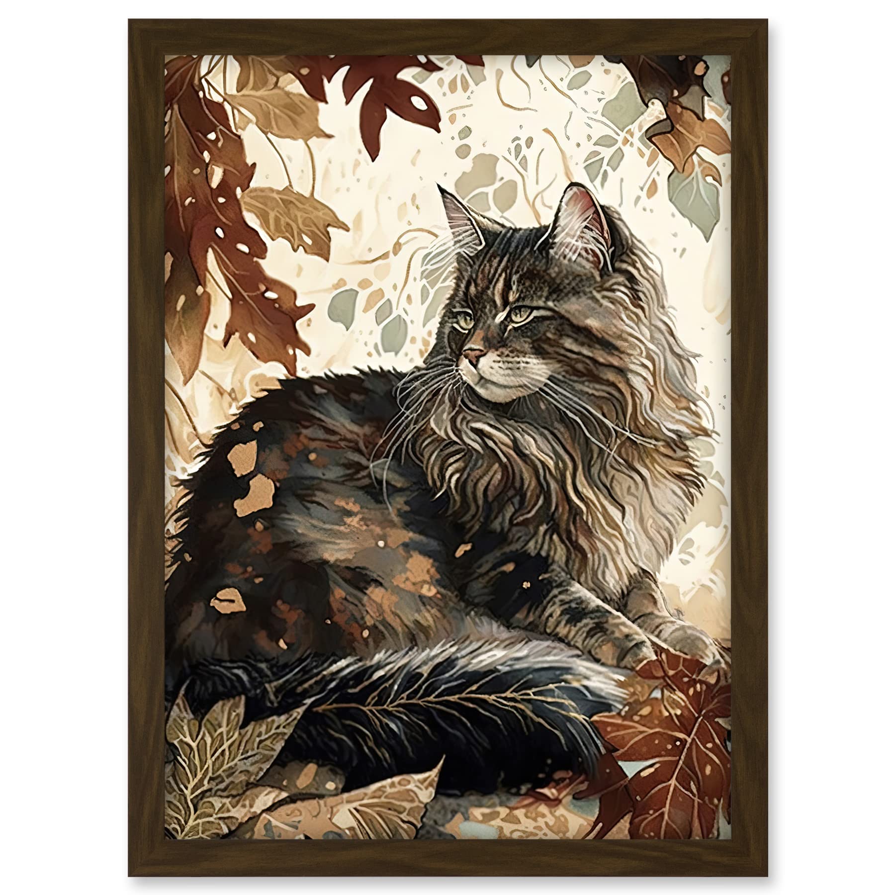 Artery8 Maine Coon Cat in Autumn Leaves Modern Watercolour Ink Illustration Artwork Framed A3 Wall Art Print