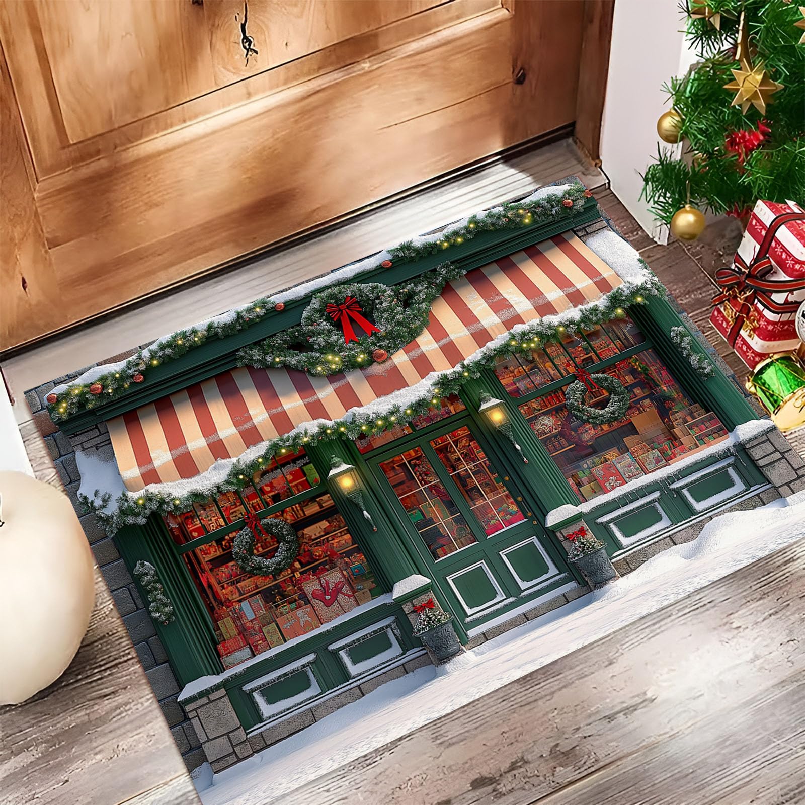 Felpudos Retro para Interiores de 50 x 80 cm, Lavables a máquina, con diseño navideño, Suaves, absorbentes y Antideslizantes para Puertas Delanteras y traseras (Verde Oscuro).