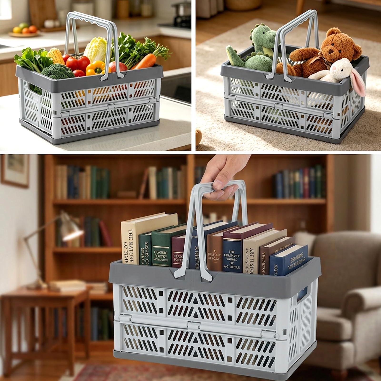 4 Stück Faltbarer Klappbox mit Henkel, 30 x 20 x 16 cm Kleiner Einkaufskorb, Camping Klappkorb, Plastik Klappkiste, Aufbewahrungsbox für Küche Badezimmer Schlafzimmer (Grau) Küche, Haushalt & Wohnen