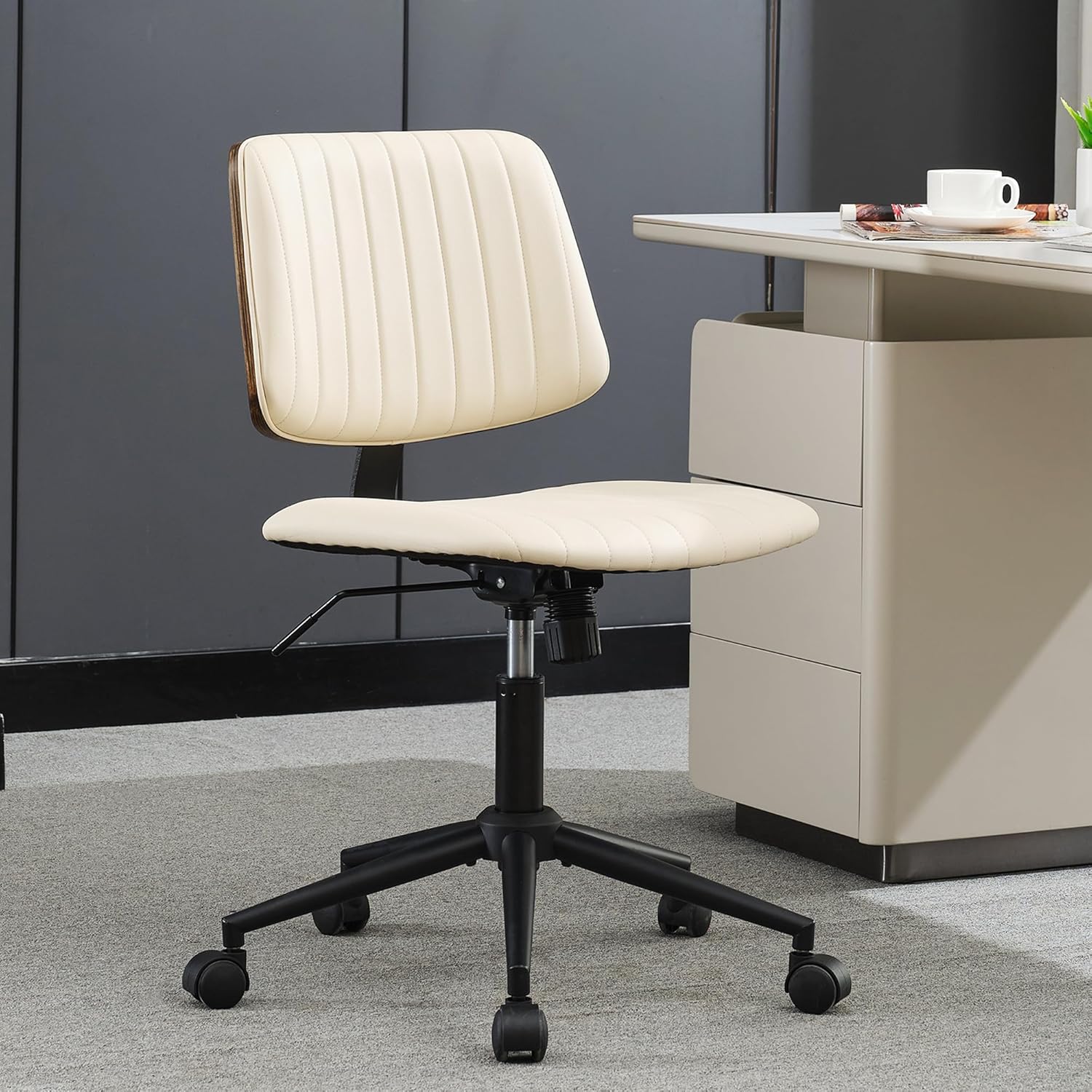 Home Office Desk Chair with Wheels,Modern Walnut Small Desk Chair,Armless Mid Back 360 Swivel Computer Chair,Adjustable Height No Arms PU Leather Chair for Office,Reading,Meeting Room (Beige) product image
