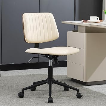 Home Office Desk Chair with Wheels,Modern Walnut Small Desk Chair,Armless Mid Back 360 Swivel Computer Chair,Adjustable Height No Arms PU Leather Chair for Office,Reading,Meeting Room Beige