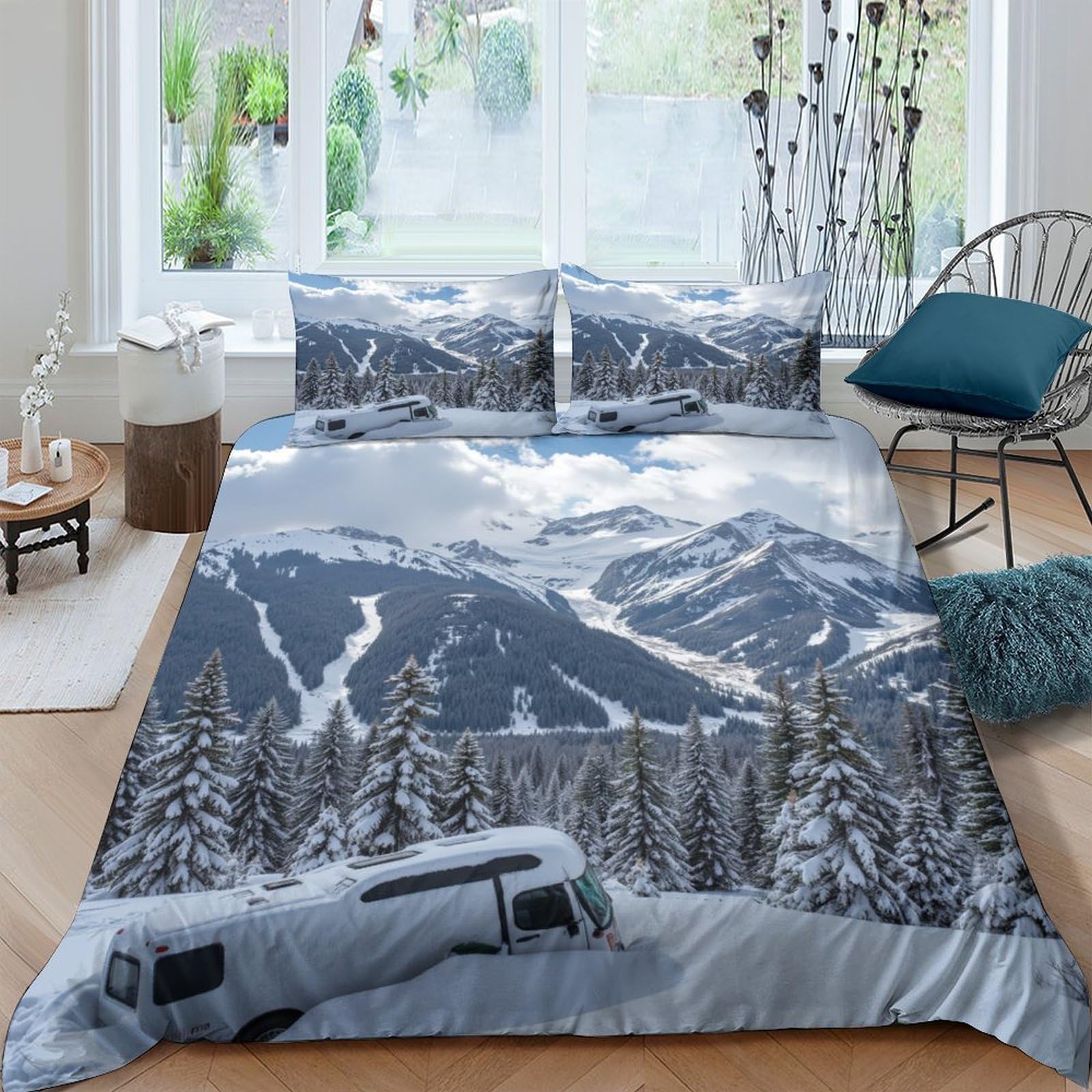 GPLZQXKJNH 3D Printed Snow Mountain Duvet Cover Set Microfiber Breathable Winter Forest Bedding with 2 Pillowcases for Bedroom Home Single（135x200cm）