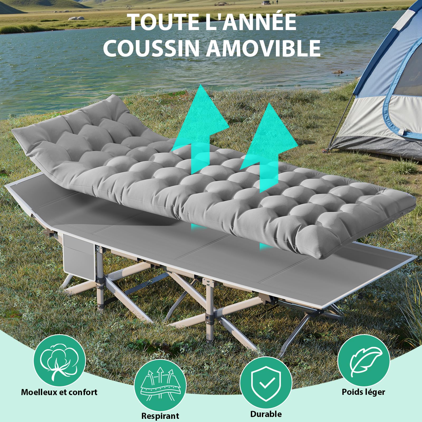 XL Lit de Camping Pliable Robuste pour Adultes, Charge Jusqu'à 208 kg, Lit Pliant 1 Personne pour Camping/Bureau/Voyage/extérieur Inclut Sacoche Matelas, Gris