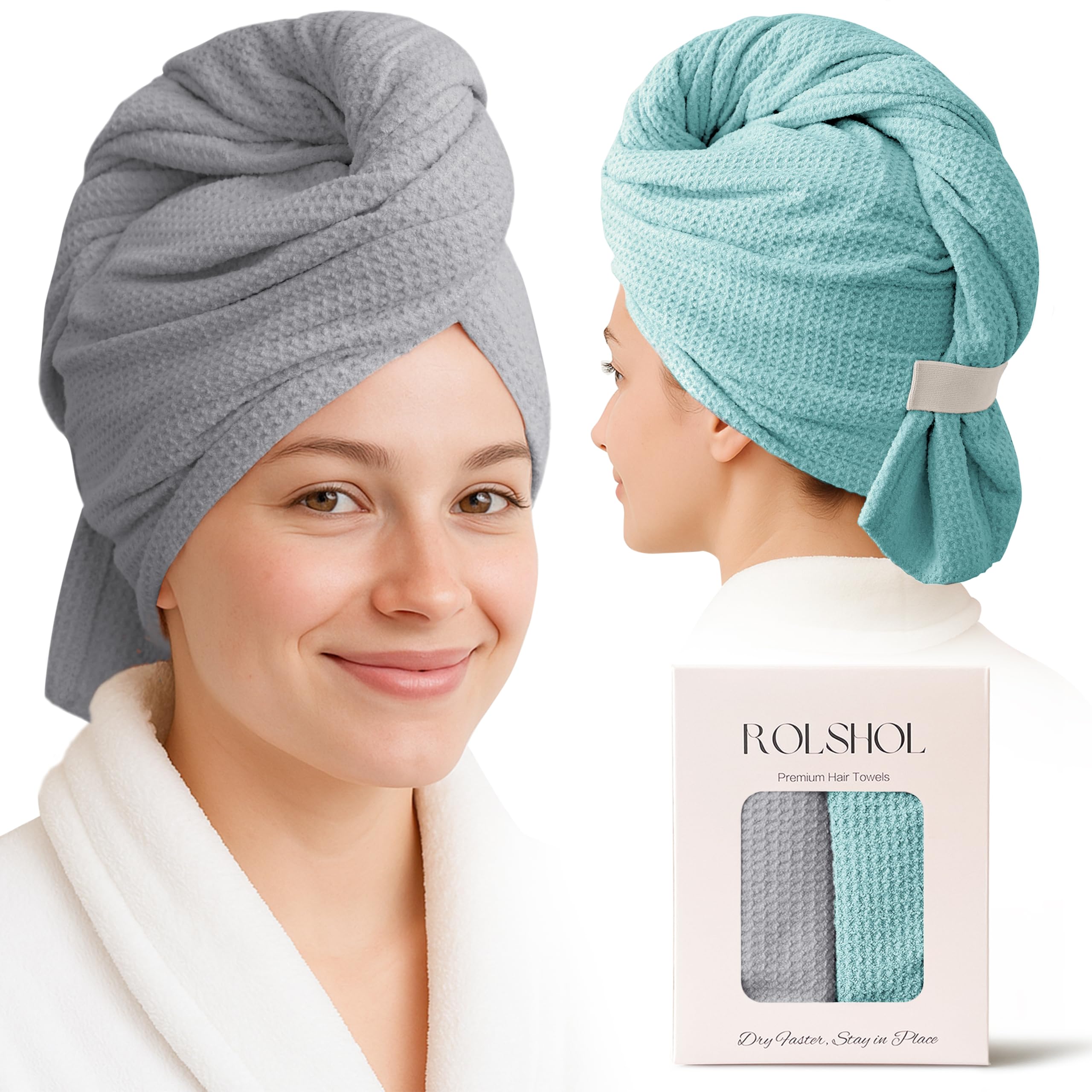 ROLSHOL 2 Pack Waffle Microfiber Hair Towel Wraps for Women, 32 x 11 in