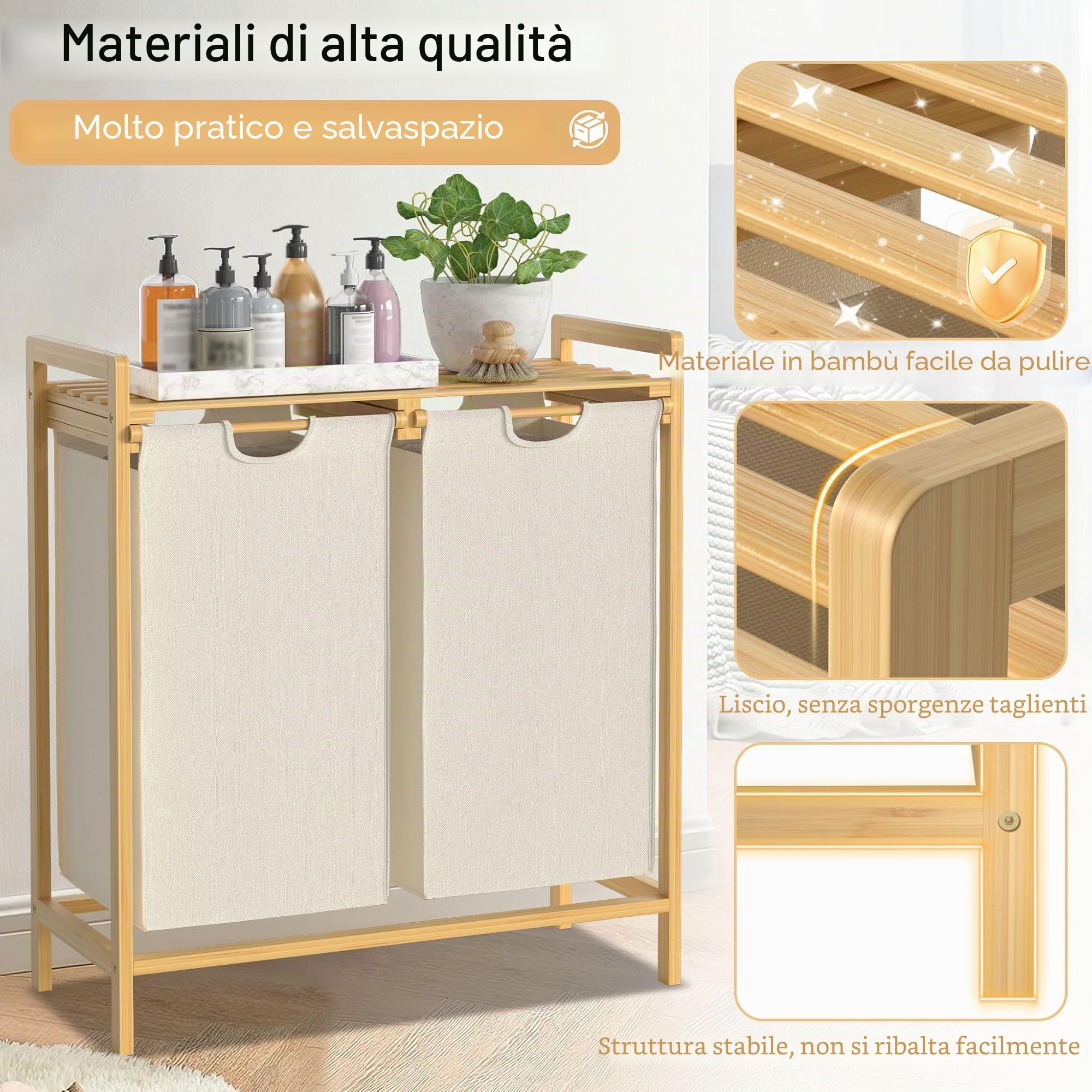 UISEBRT Cesto portabiancheria in bambù con 2 scomparti, 72 l, in tessuto Oxford, sistema di stendibiancheria rimovibile e lavabile, 73 x 64 x 33,5 cm, beige
