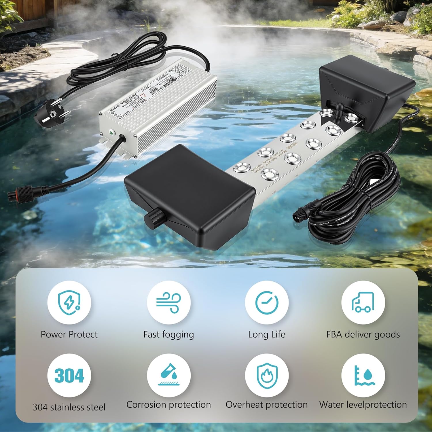 Pond Fogger with Float – 12 Head Ultrasonic Mist Maker, 9000ml/H Water Fogger for Pond, Fountain, Fish Tank, Greenhouse Humidifier – 304 Stainless Steel, EU Plug, Adapter Required for US Use