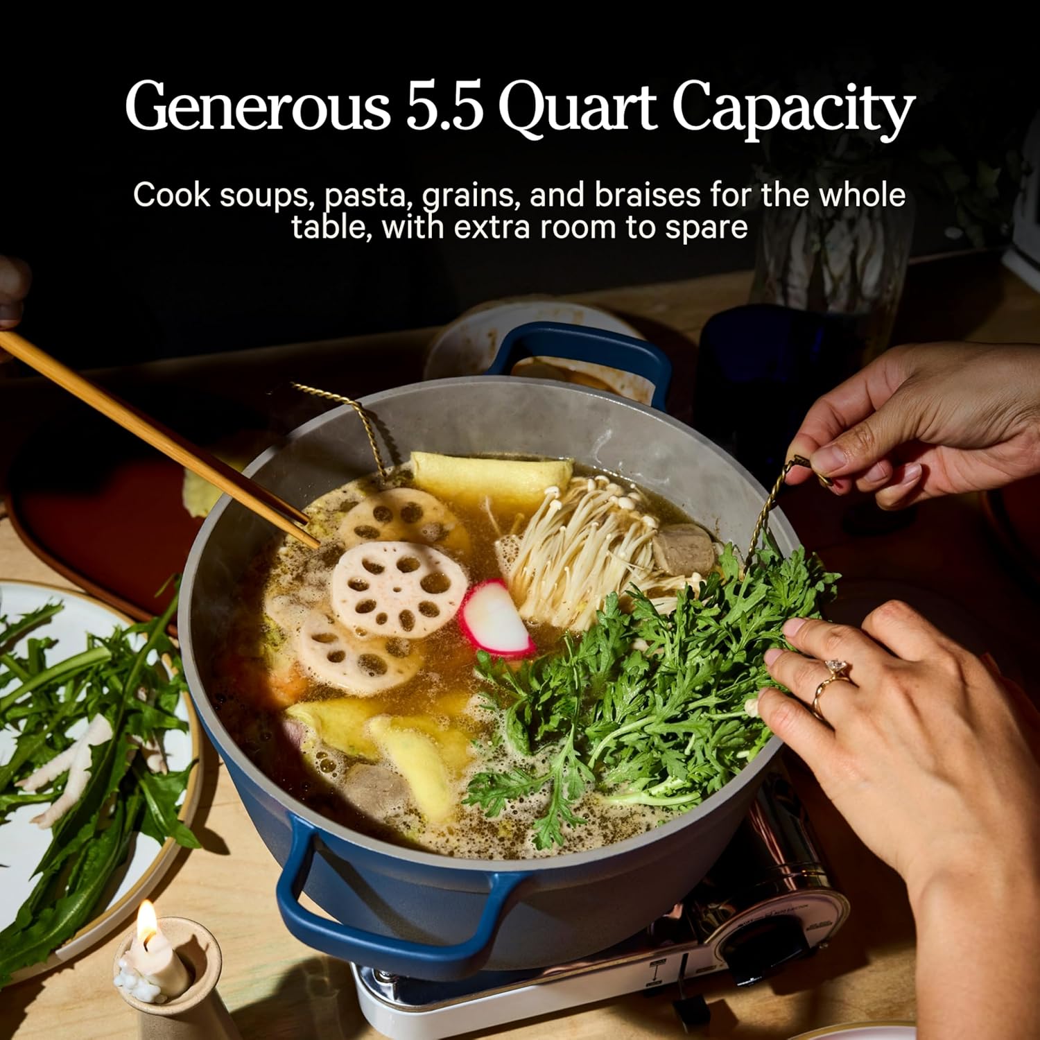 Our Place Perfect Pot | 5.5 Qt Ceramic Pot with Lid & Spatula | Patented 8-in-1, PFAS-Free Nonstick, Non-Toxic Cookware | Induction & Oven-Safe up to 450°F | Blue Salt