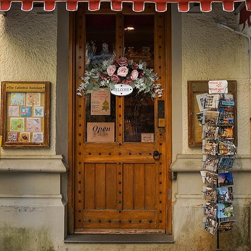 Vista 7 de Corona de arco colgante de 30 pulgadas para puerta delantera, guirnalda floral con peonías y hojas de eucalipto, peonía artificial con letrero