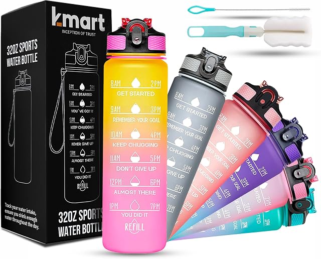 Water Bottle 1000ml Sports Water Bottle with Motivational Time Marker & Straw, Dishwasher Safe Leak-proof Drink Bottle BPA Free Non-Toxic Tritan Material 1 Click Open for Running Gym (Yellow Gradient)