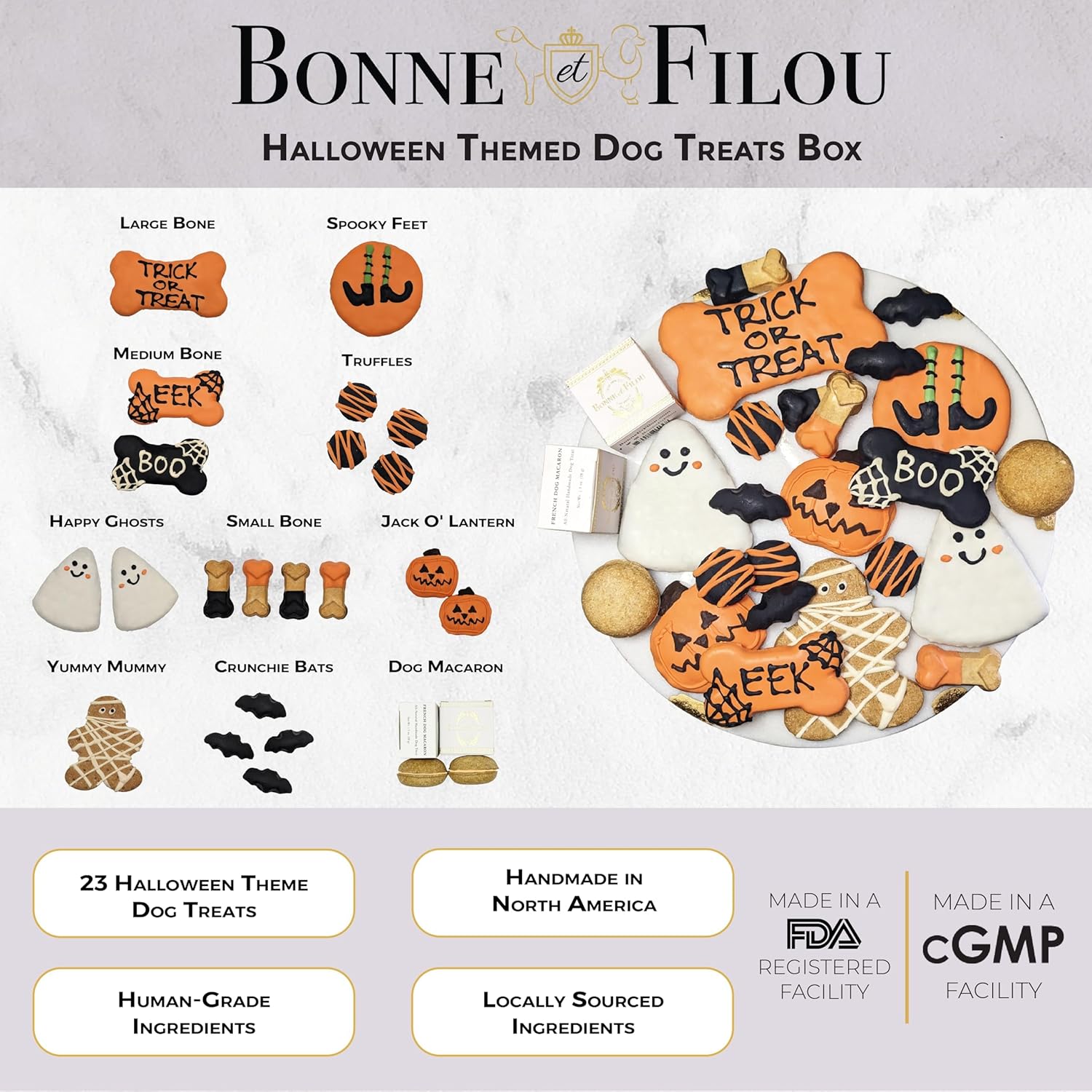 Bonne et Filou Dog Treats, Gift Box Human Grade Gourmet Treats 23 Luxury Spooky Delights with Dog Macarons, Truffles & Bones Healthy Snacks for Small to Large Breeds