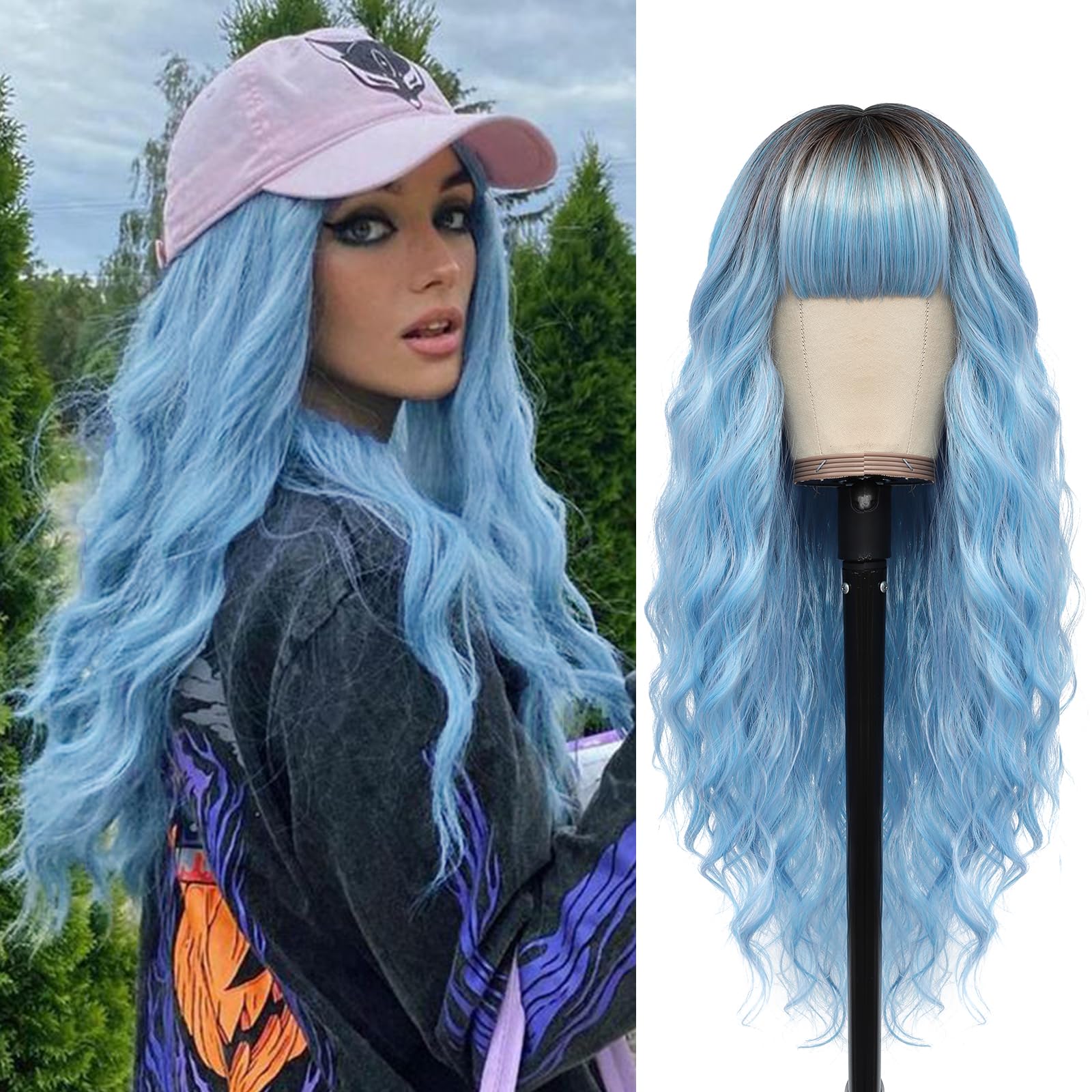 VERNA Blue Wavy Wig with Bangs, 26'' Long Blue Wigs for Women, Natural Looking Blue Hair Wigs, Easy to Put Curly Blue Wig with Bangs, Heat Resistant Synthetic Wig for Halloween Cosplay Daily Use