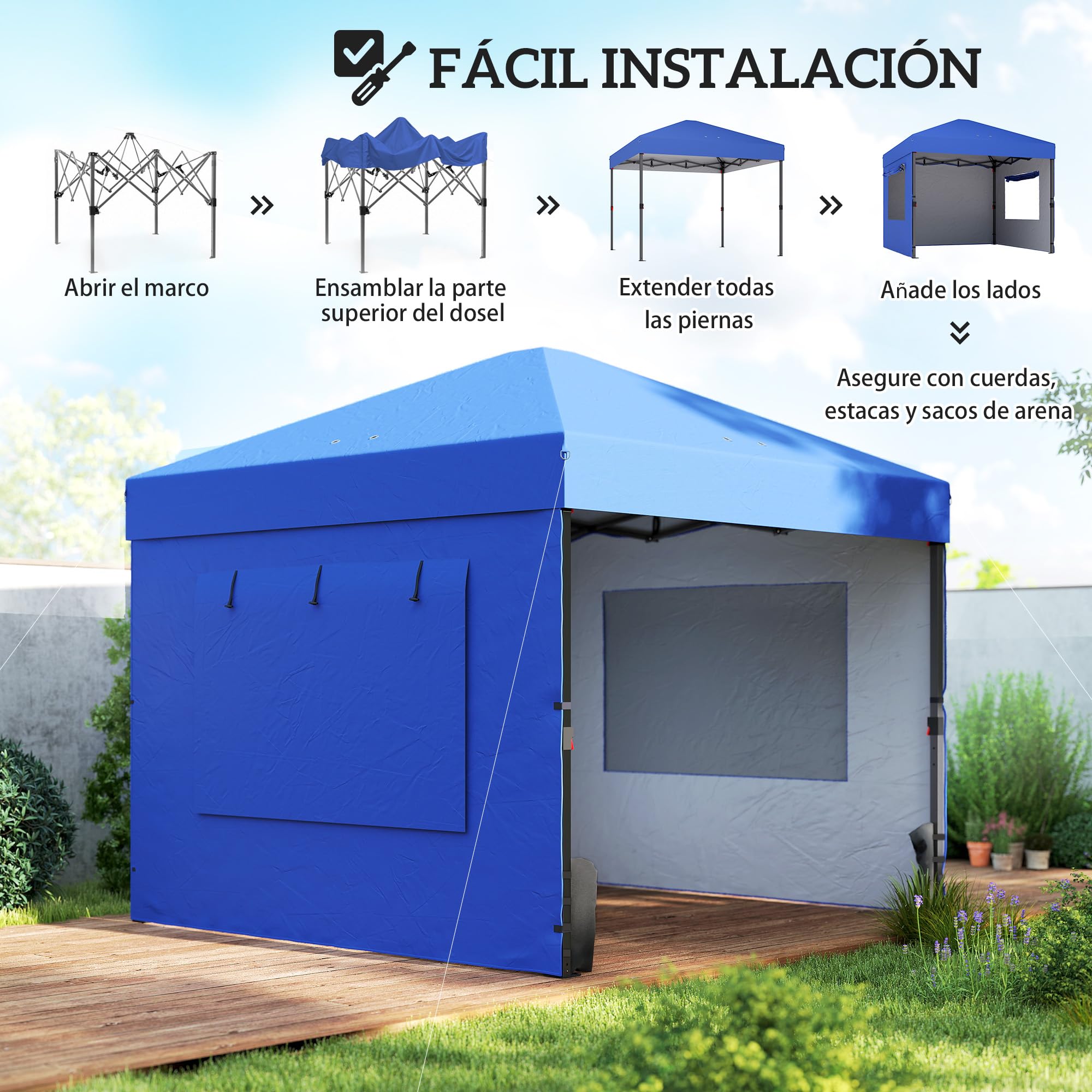 Outsunny Carpa Plegable 3x3 m Pop-up con 3 Paredes Laterales UPF50+ Azul | Cenador Pabellón de Jardín, 2 Ventanas Malla, Altura Ajustable 3 Niveles, Bolsa Transporte, Sacos Arena, Gazebo Exterior