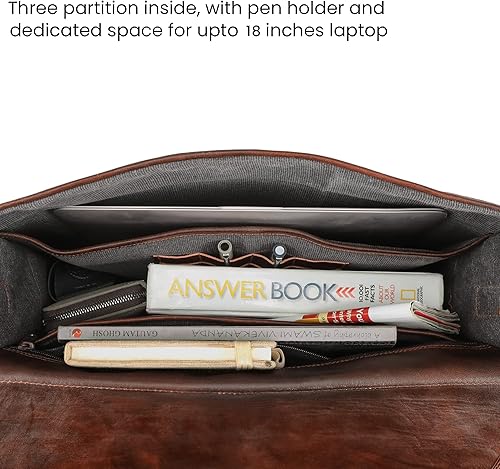 Miniatura 9 de Handmade World Bolso bandolera de cuero para computadora portátil para hombres y mujeres 'The Alpha' Maletín de computadora para oficina y negocios