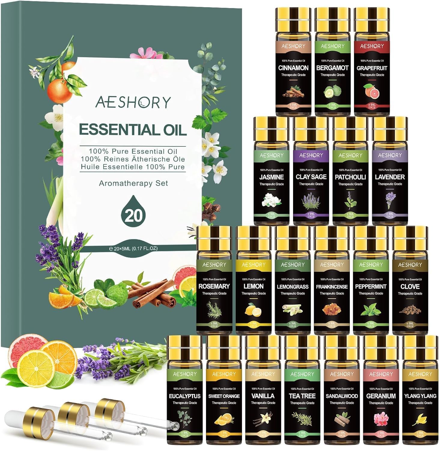 – Aeshory Essential Oils Set 20x5 ML -100% Natural Fragrance Oils-Perfect for Diffuser, Humidifier,Aromatherapy, Massage, Scented Candle, Perfume, Soap and Bath Bombs Making