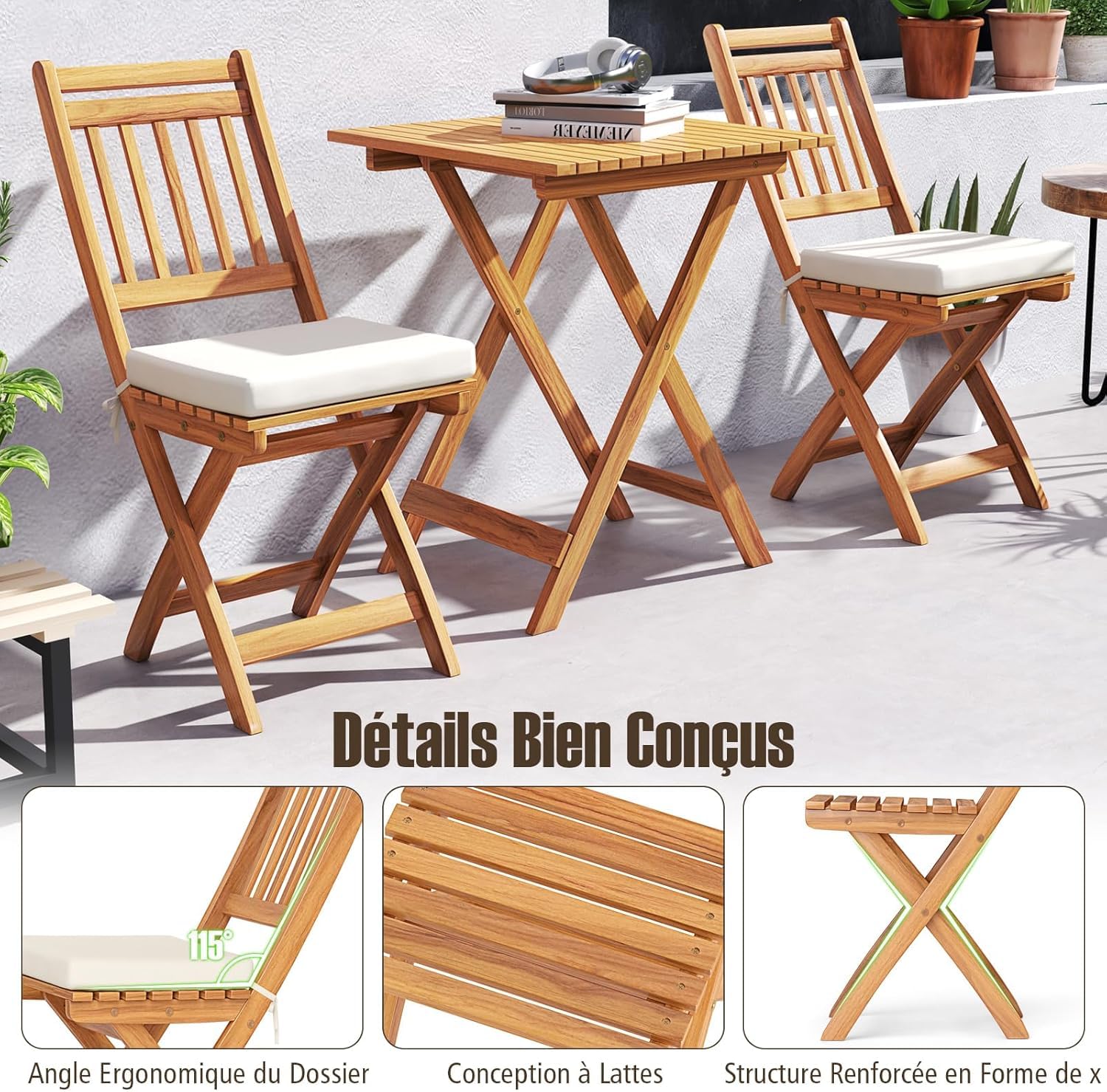 GOPLUS Juego de Mesa y Sillas Plegable de Madera de Acacia | Conjunto Bistro para Jardín de 3 Piezas con Mesa Cuadrada, 2 Sillas Plegables y Cojines para Terraza Patio Piscina