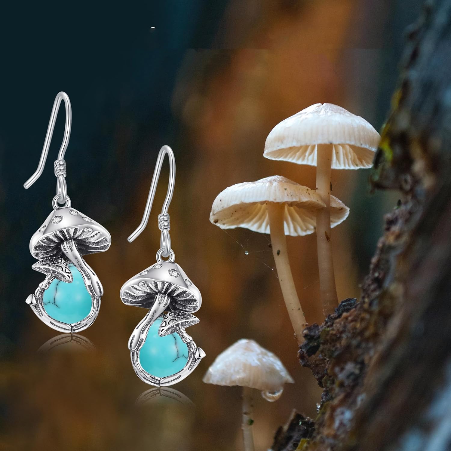 Mushroom Earrings Sterling Silver Moonstone/Moss Agate/Malachite/Turquoise Dangle Earrings Mushroom Mother's Day Jewelry Mothers Day for Women Mom - Image 6