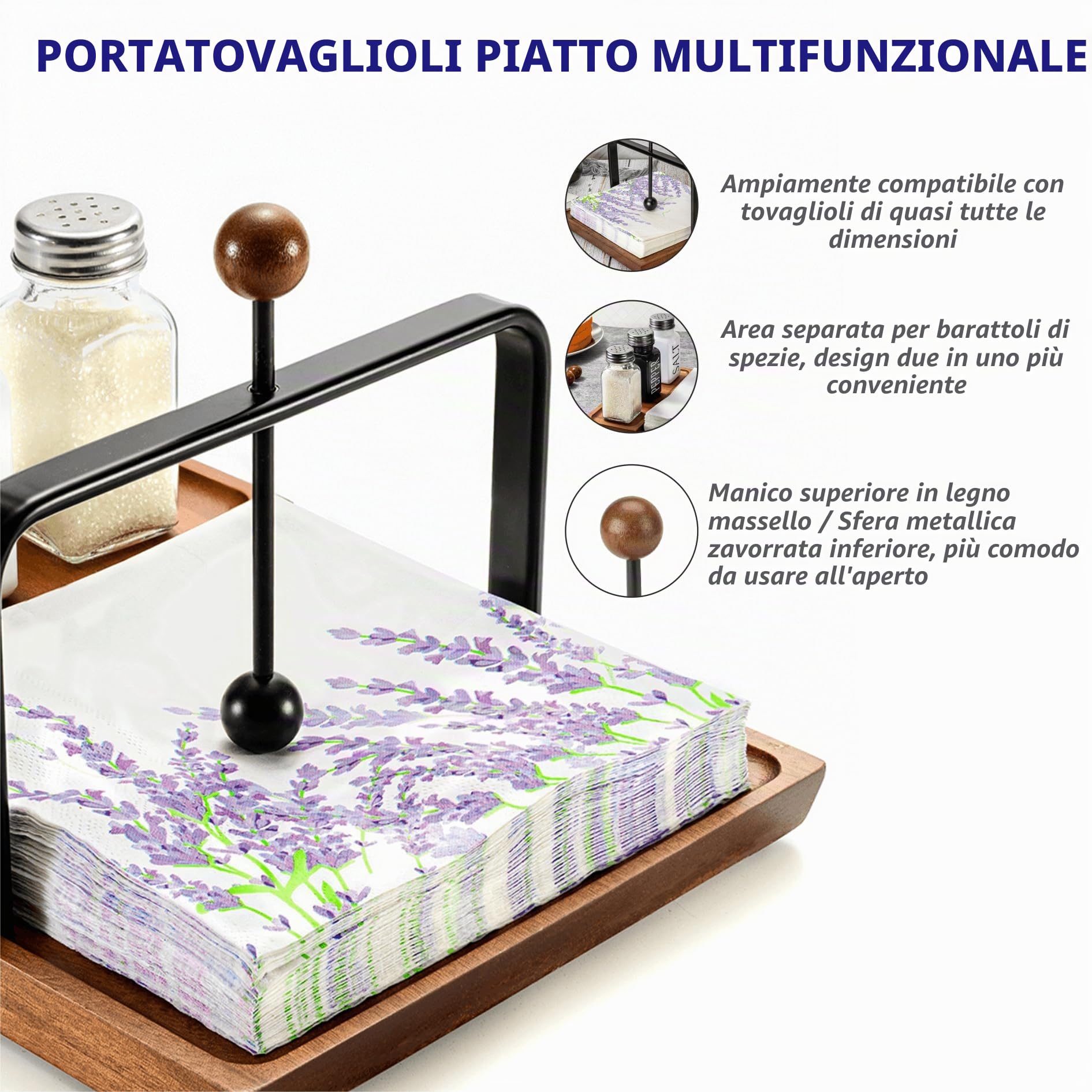 Supporto per Tovaglioli in Legno – Portatovaglioli Multifunzionale per Tavolo e Cucina, con Spazio per Condimenti – Perfetto per Casa, Cucina e Occasioni Festose
