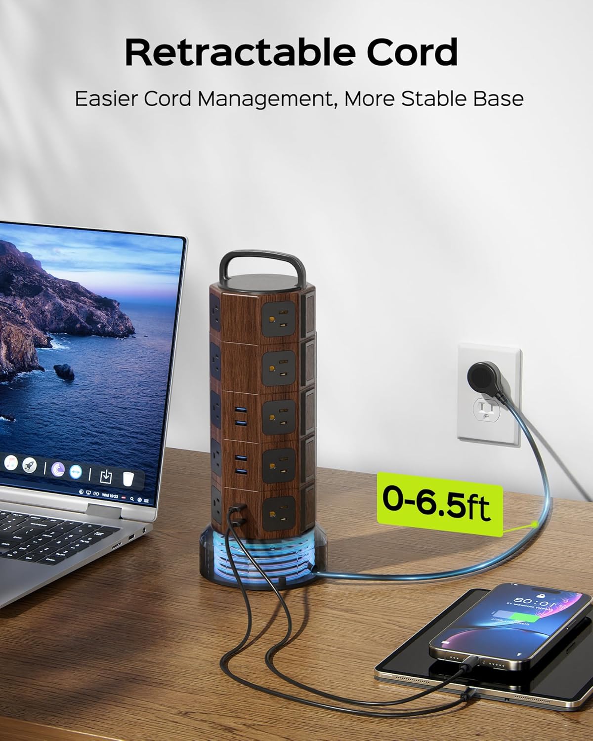 JACKYLED Power Strip Tower with 6.5ft retractable cord