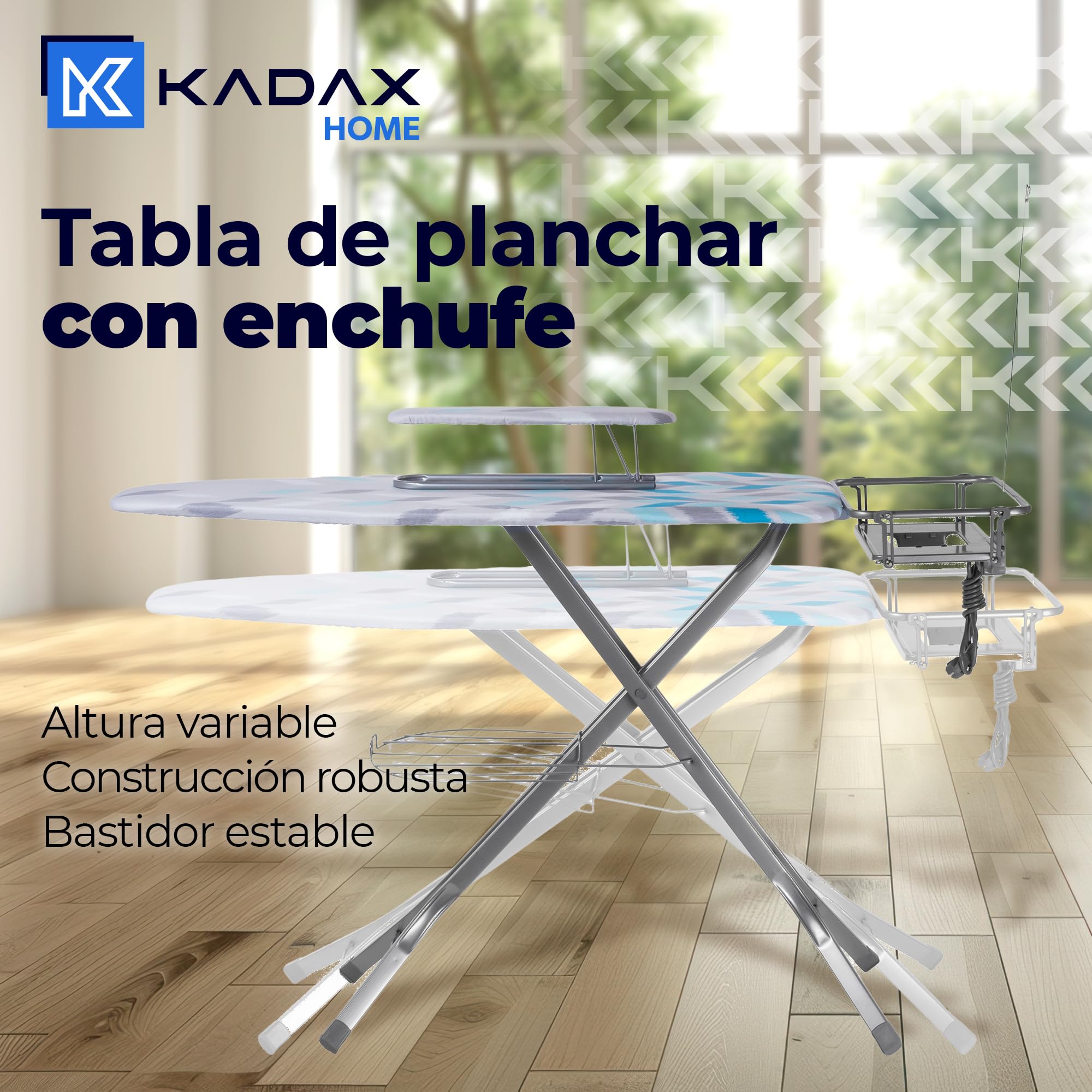 KADAX Tabla de Planchar Plegable con Enchufe, Altura Regulable, Funda Removible, Mesa para Planchar Mangas y Soporte para Plancha y Cable (Azul Claro)