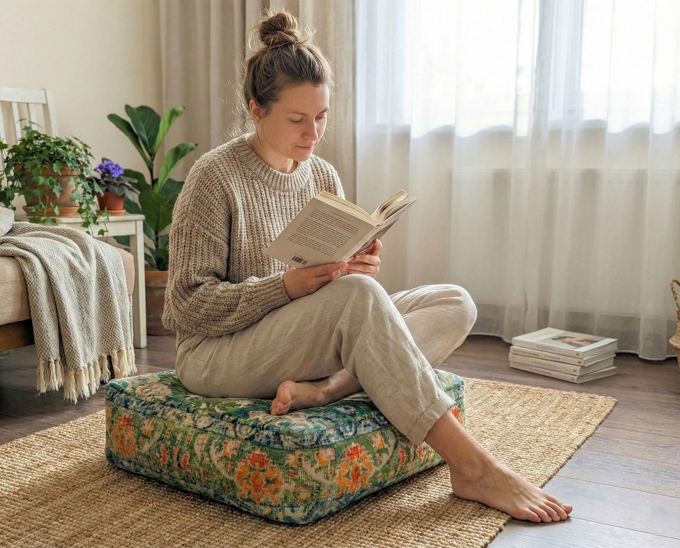 Mandala Life ART Funda de cojín de Piso Bohemian Rug - Cuadrada 60x20 cm - Puf de decoración de habitación Artesanal de Lujo para meditación, Yoga y Boho Chic Funda de Almohada de Piso para Asientos