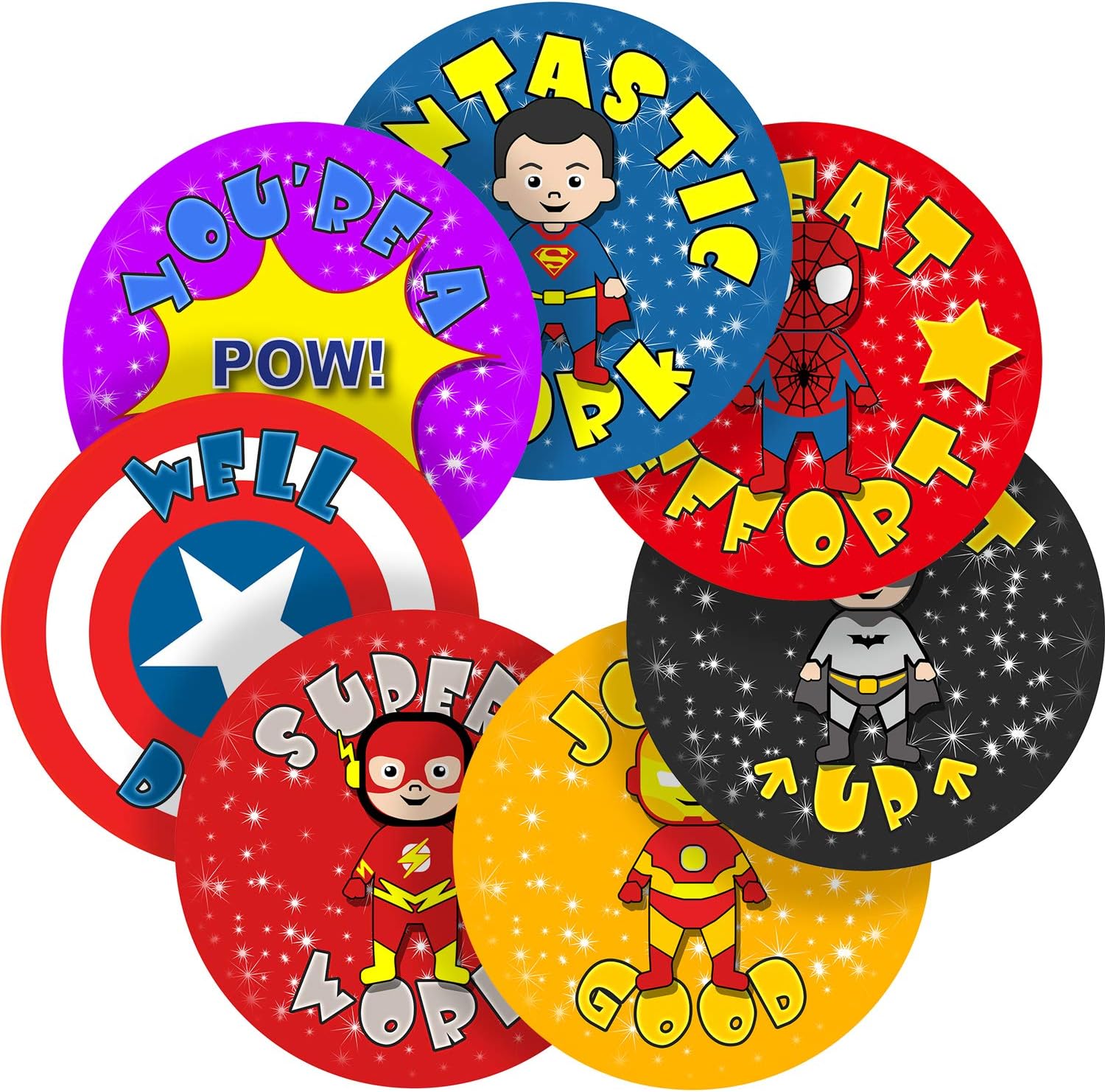 Superhero Comic Reward Sticker Labels Children Parent Teacher Kid Party (9.5 cm x 24 / 4, A4 Sheets)