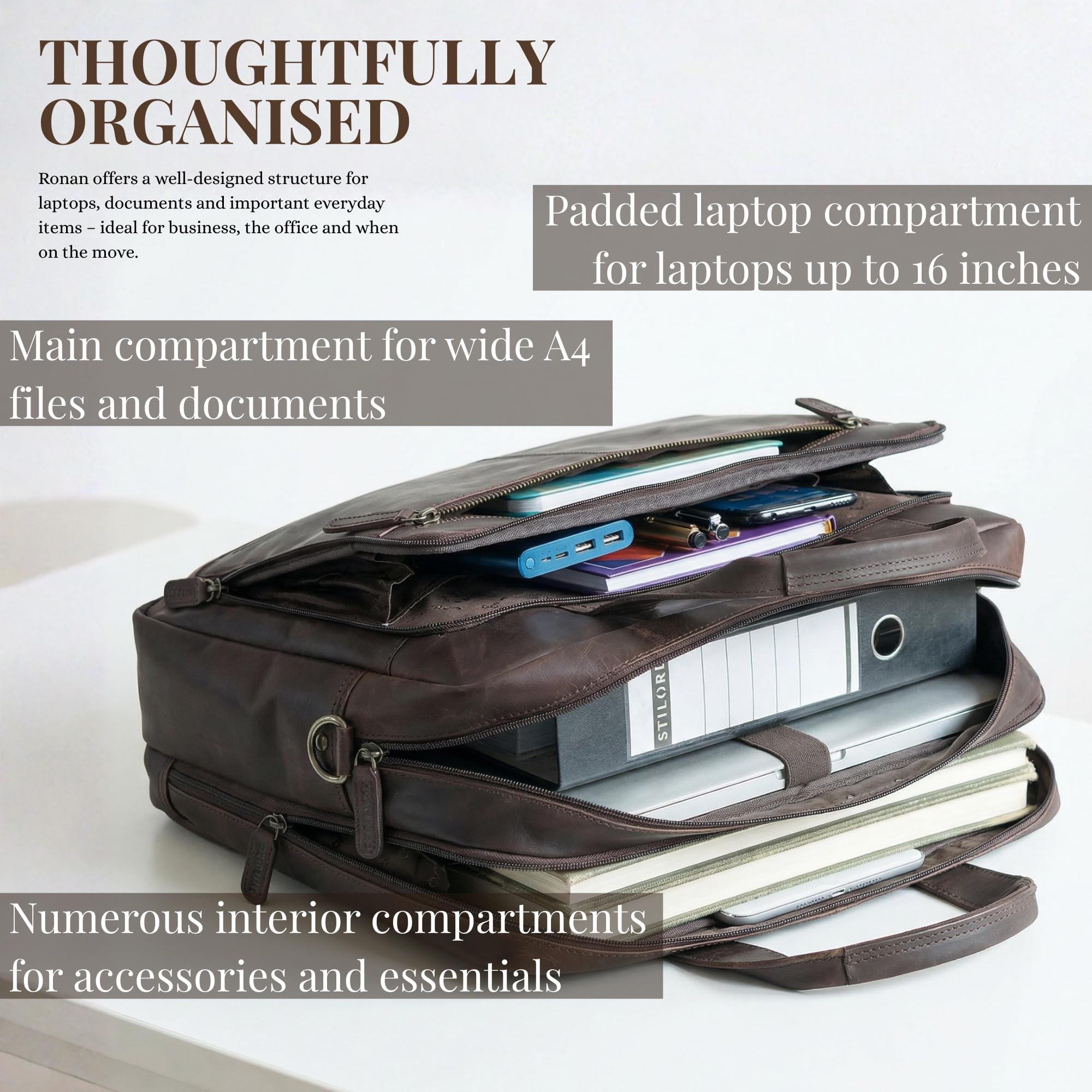 STILORD "Ronan Business Aktentasche Herren Leder Groß Dokumententasche A4 Ledertasche Echtleder - Premium Laptoptasche 16 Zoll Arbeitstasche abnehmbarer Schultergurt Farbe:schwarz